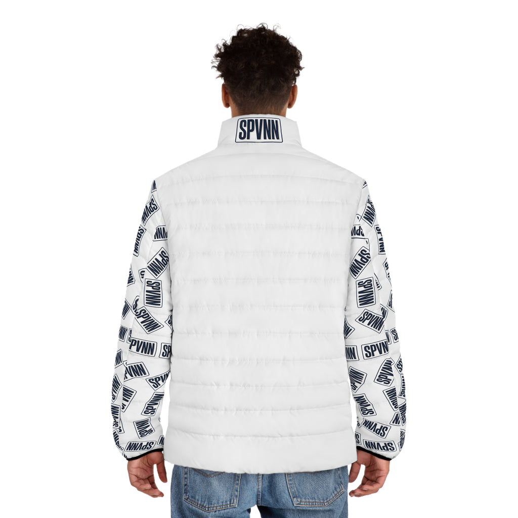 Men's Puffer Jacket — White Logo Print Sleeves (SPVNN)