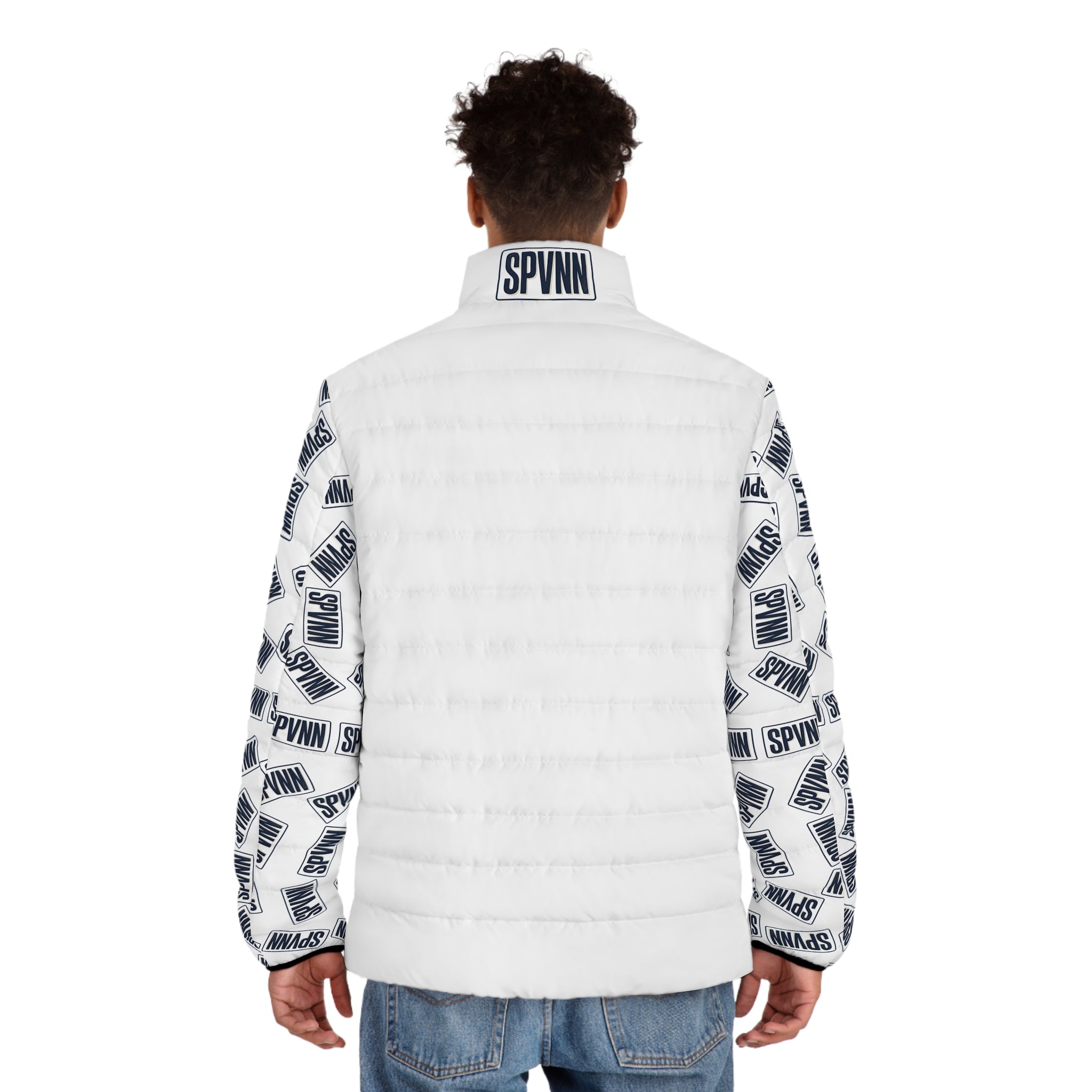 Men's Puffer Jacket — White Logo Print Sleeves (SPVNN)