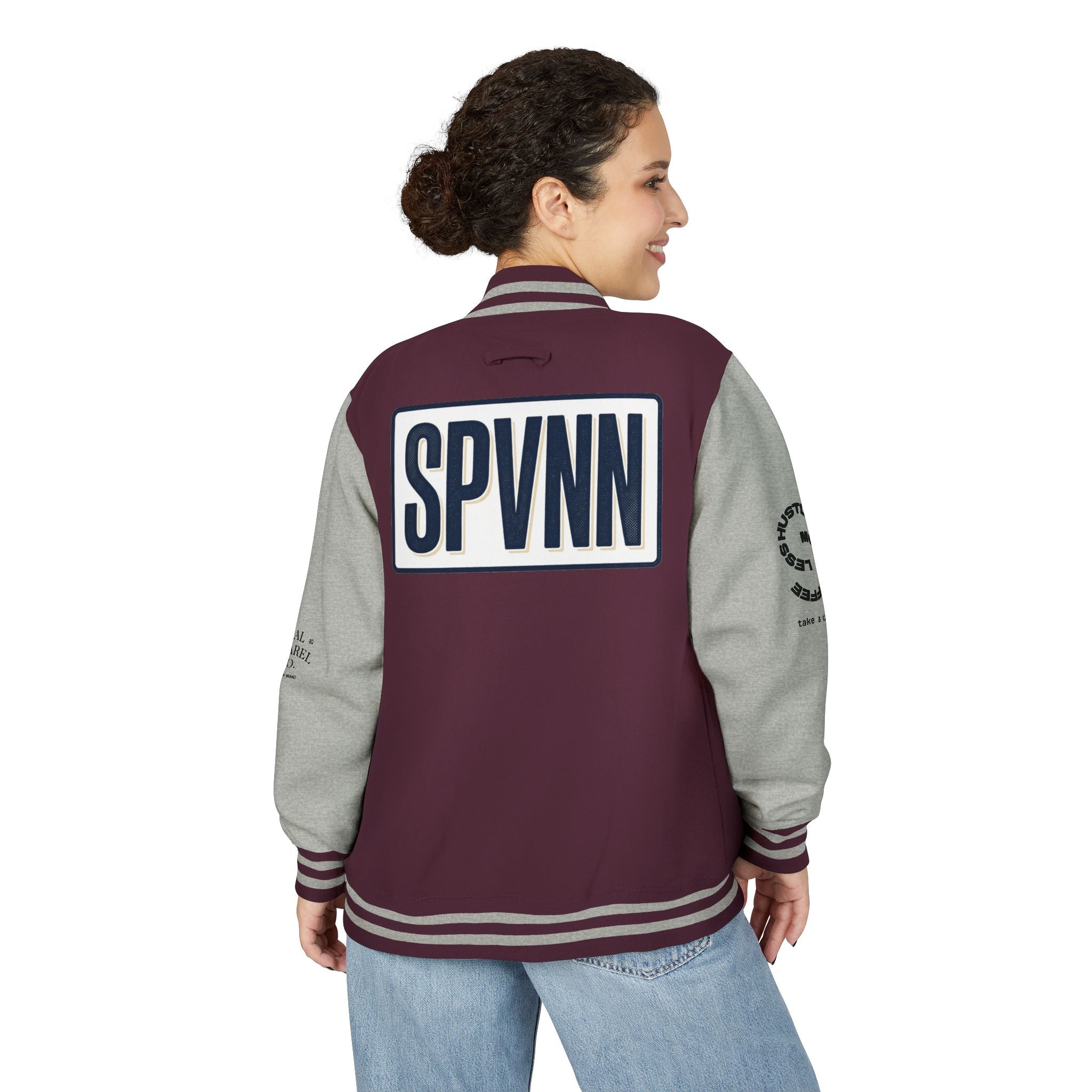 SPVNN Red & White Varsity Letterman Jacket – Embroidered Patch Logo