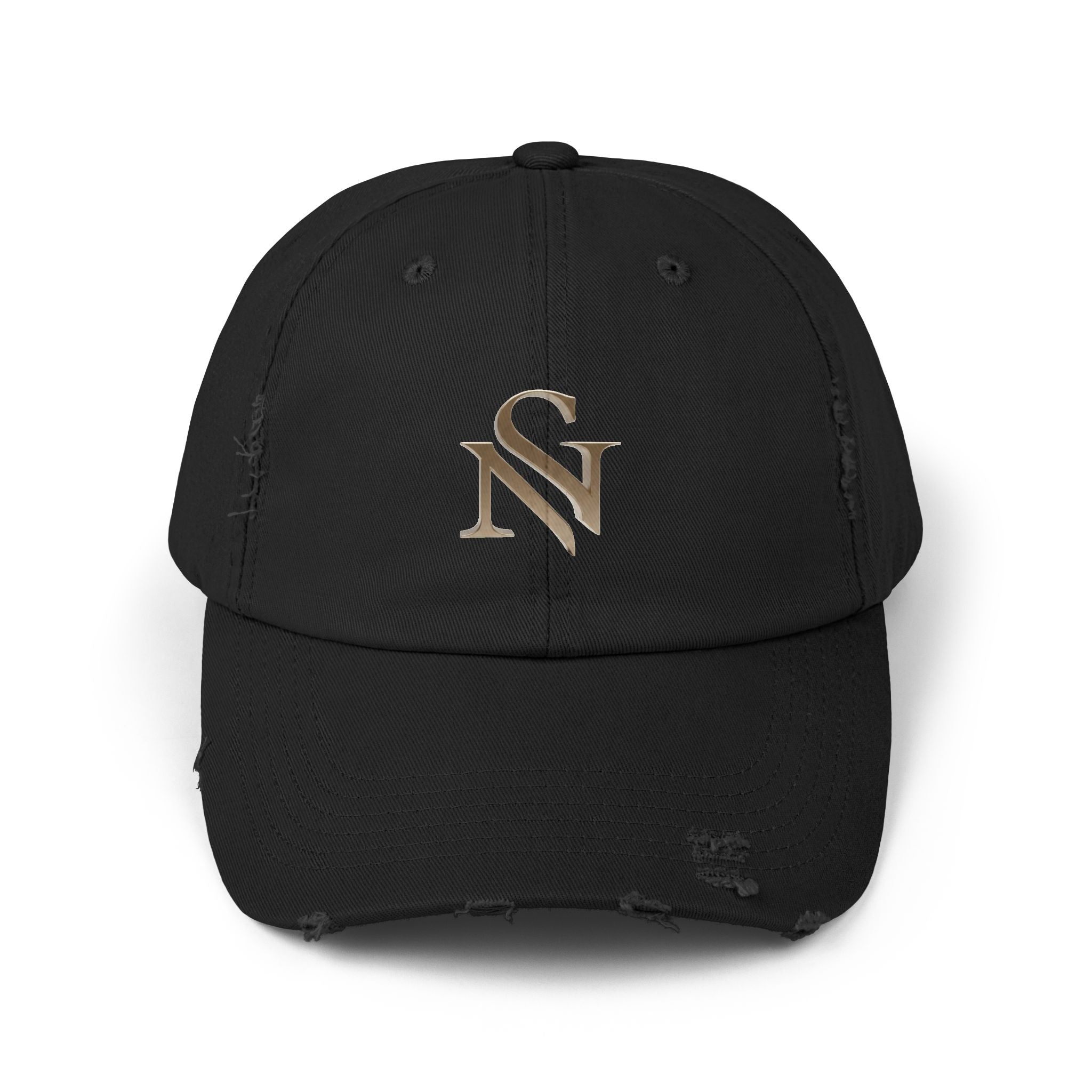 Distressed Black Baseball Cap with Gold 'SN' Monogram — Vintage Casual Hat