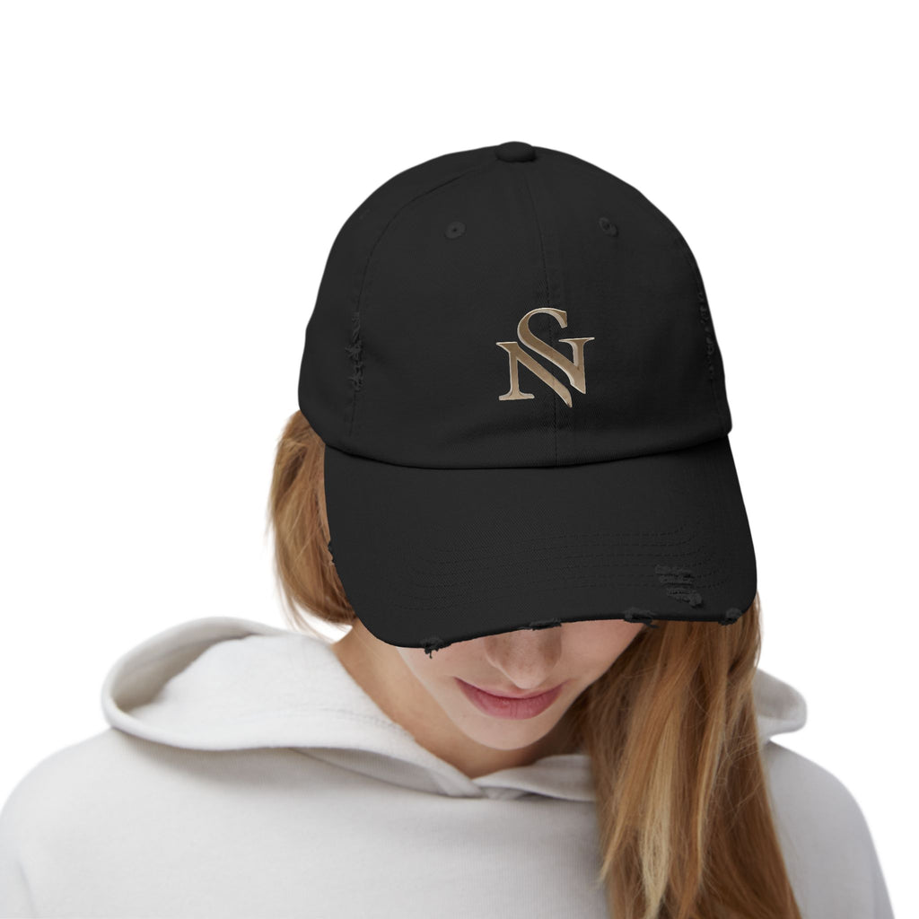 Distressed Black Baseball Cap with Gold 'SN' Monogram — Vintage Casual Hat