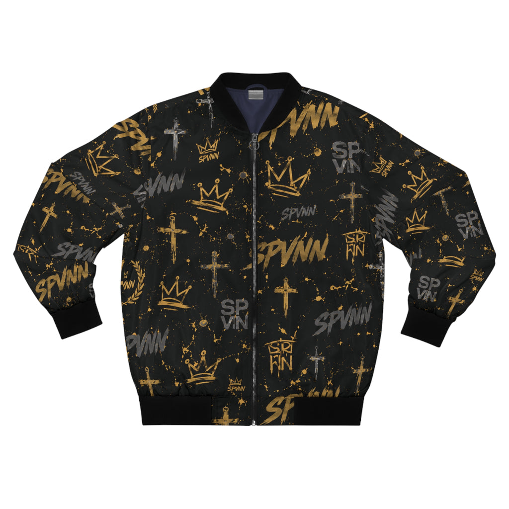 Graffiti Crown Bomber Jacket – Black & Gold Urban Streetwear