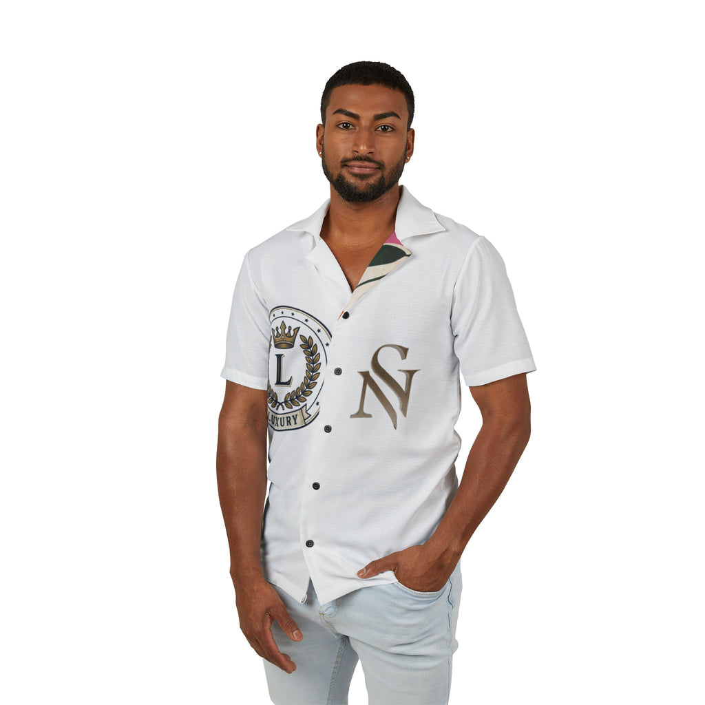 Luxury Crest Hawaiian Camp Shirt — Monogram L & N Short Sleeve Button-Up