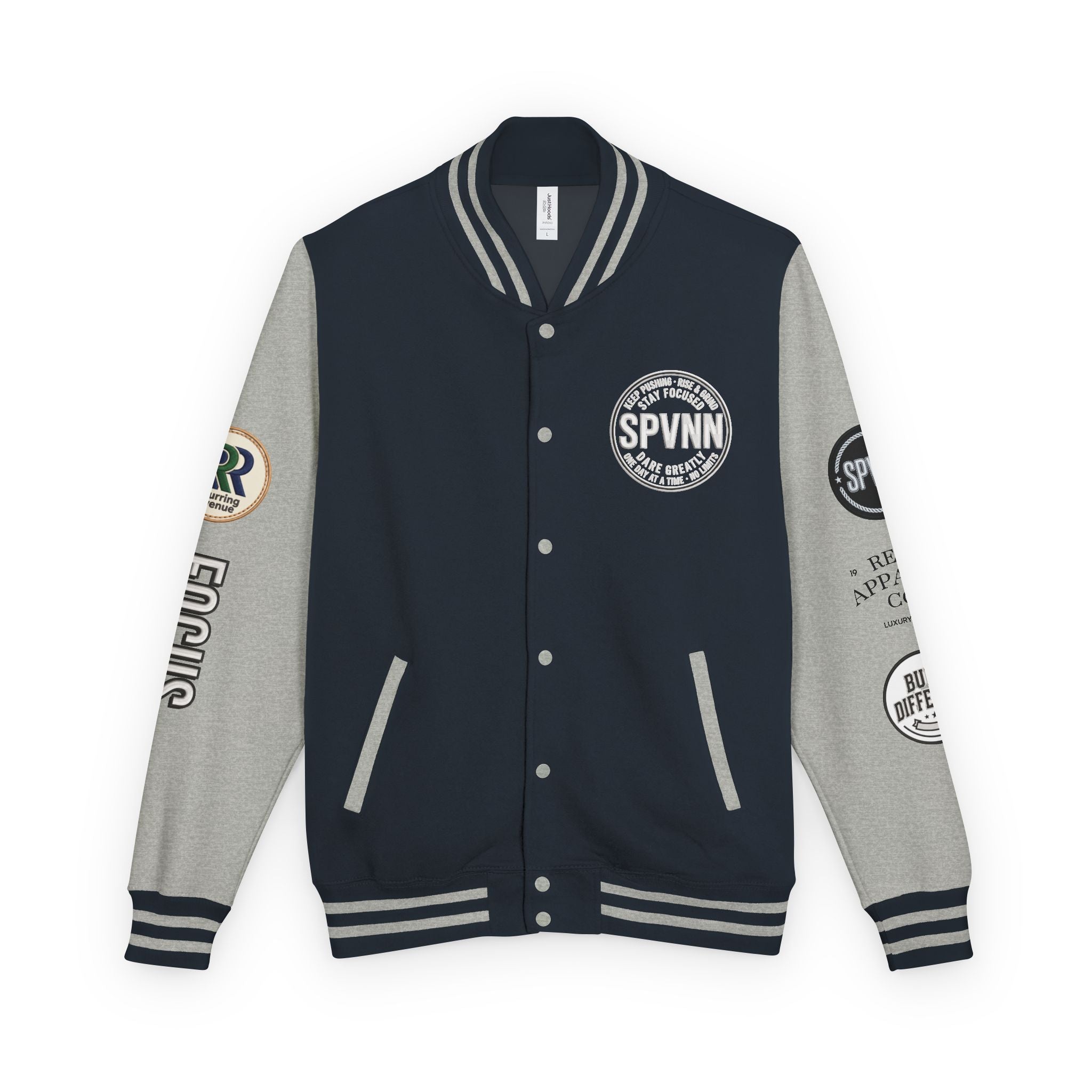 SPVNN Red & White Varsity Letterman Jacket – Embroidered Patch Logo