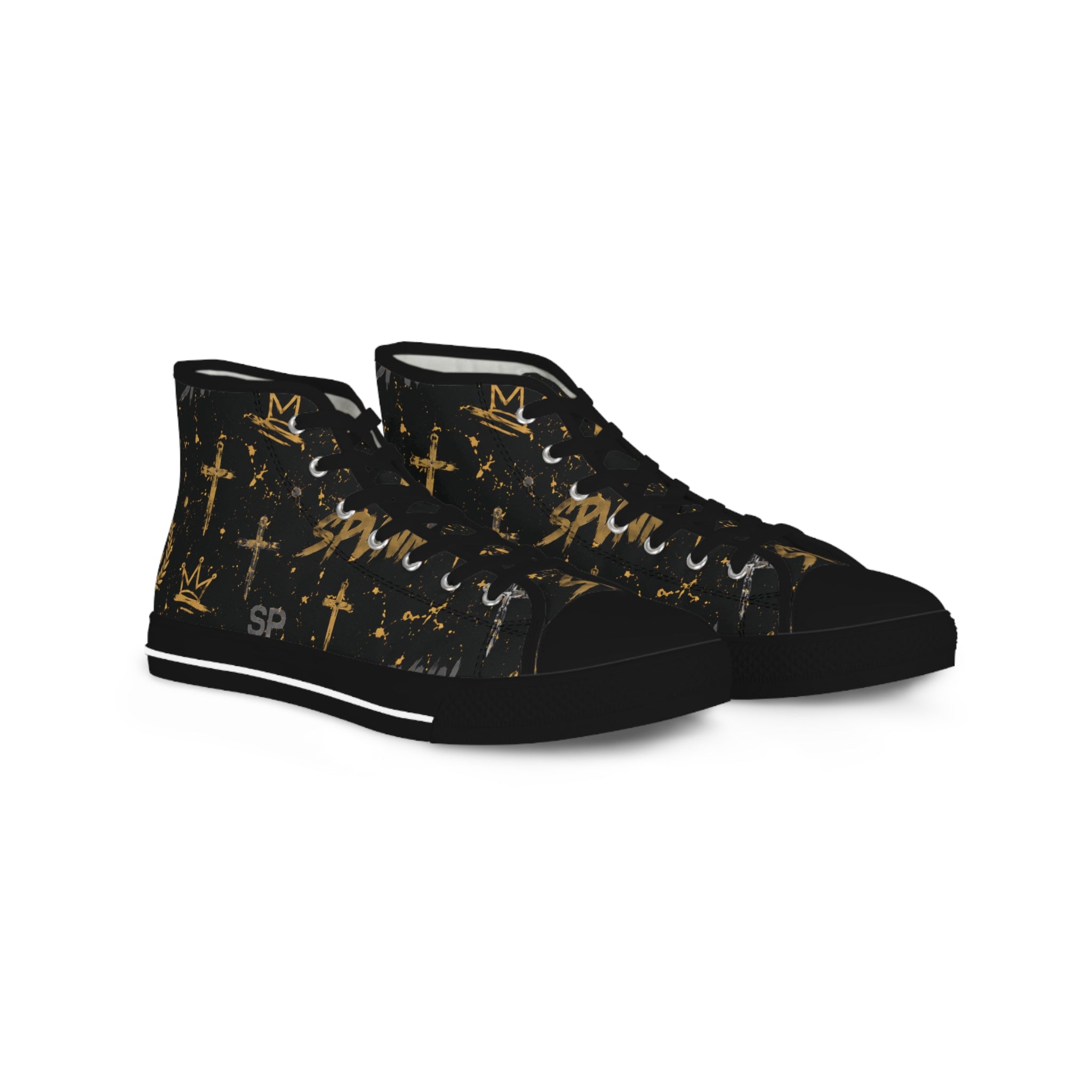 High Top Sneakers — Black & Gold Crown Pattern