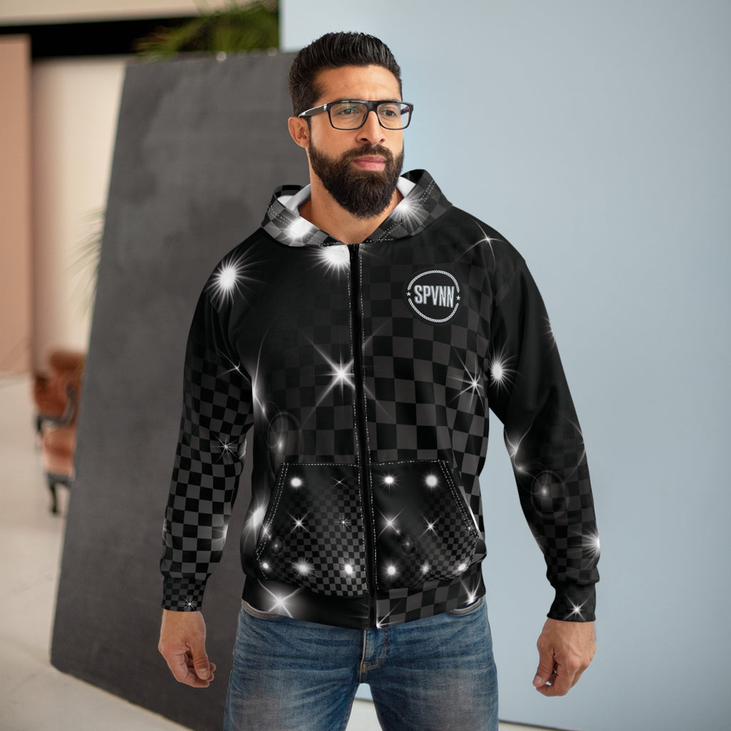 Black Checkerboard Sparkle Zip Hoodie — Shiny Starry AOP Jacket