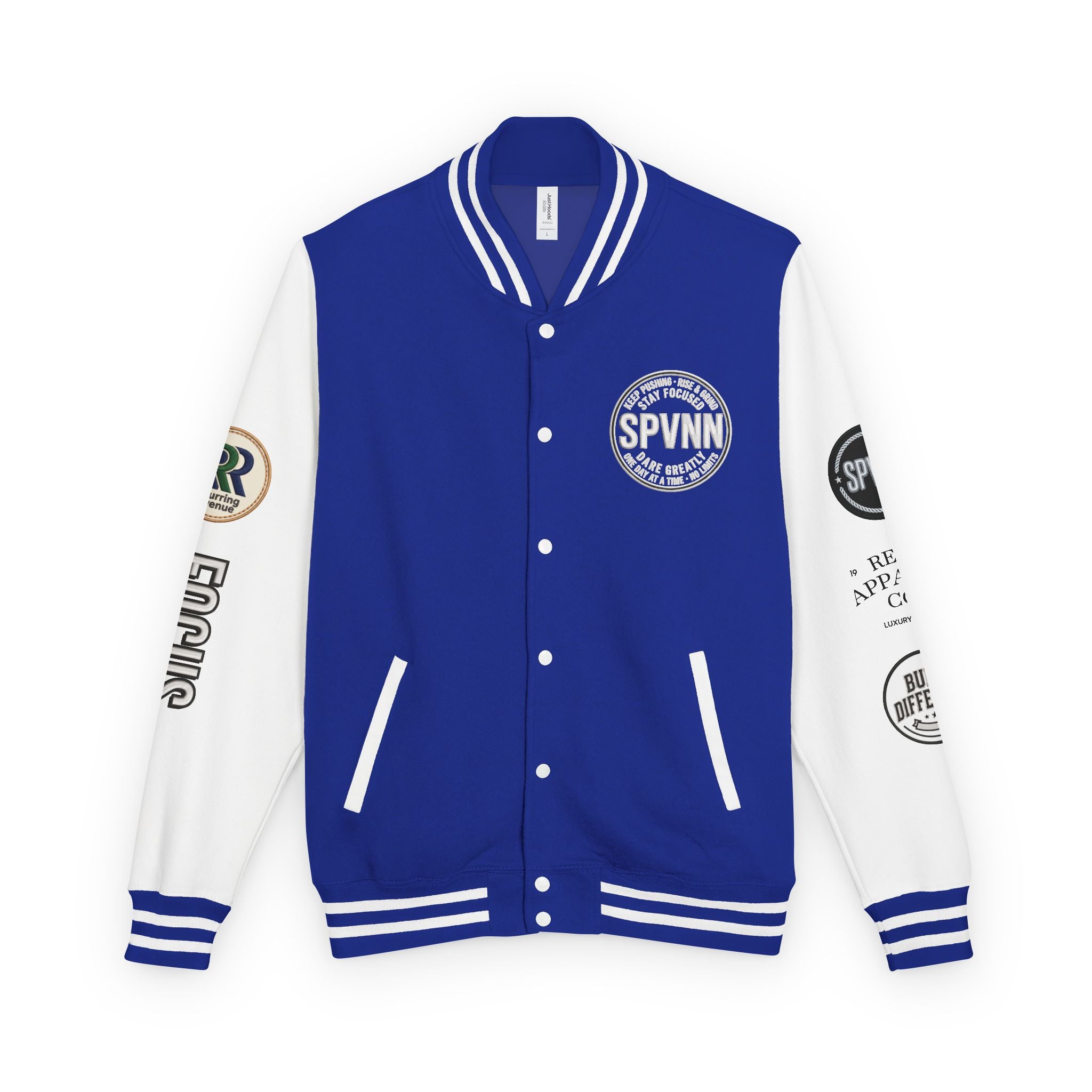 SPVNN Red & White Varsity Letterman Jacket – Embroidered Patch Logo