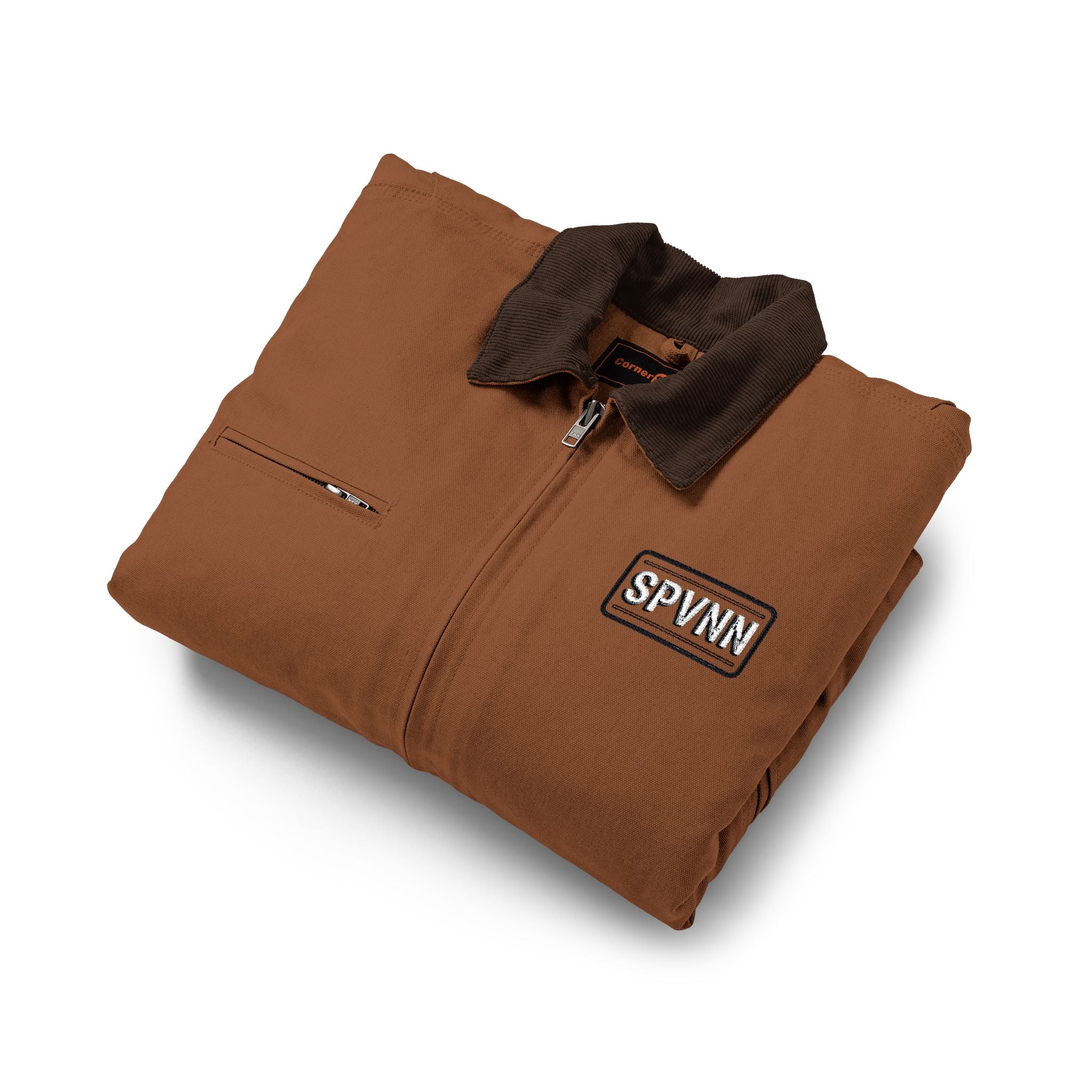 Work Jacket — Brown Duck Cloth with 'SPWN' Graphic Chest Patch