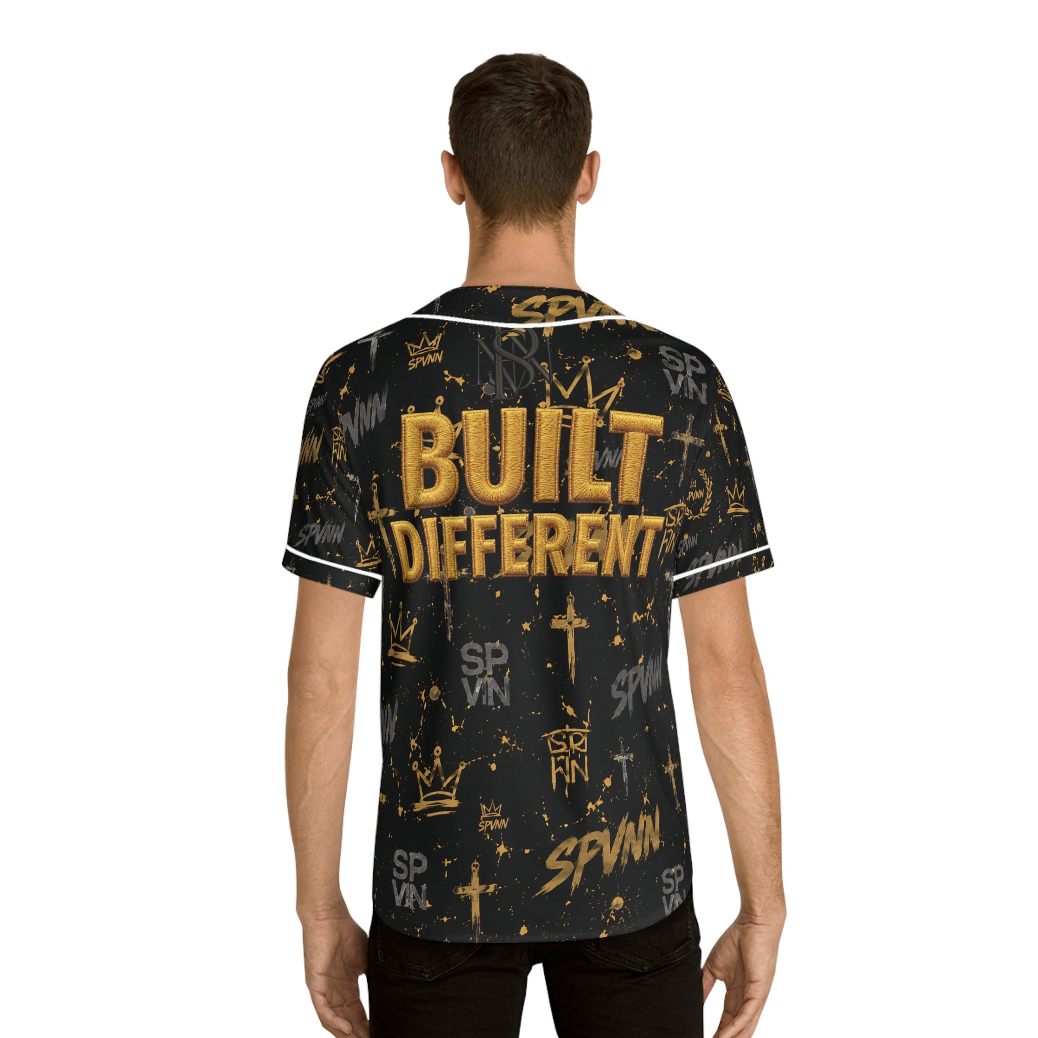 Built Different Baseball Jersey — Black & Gold All-Over Print