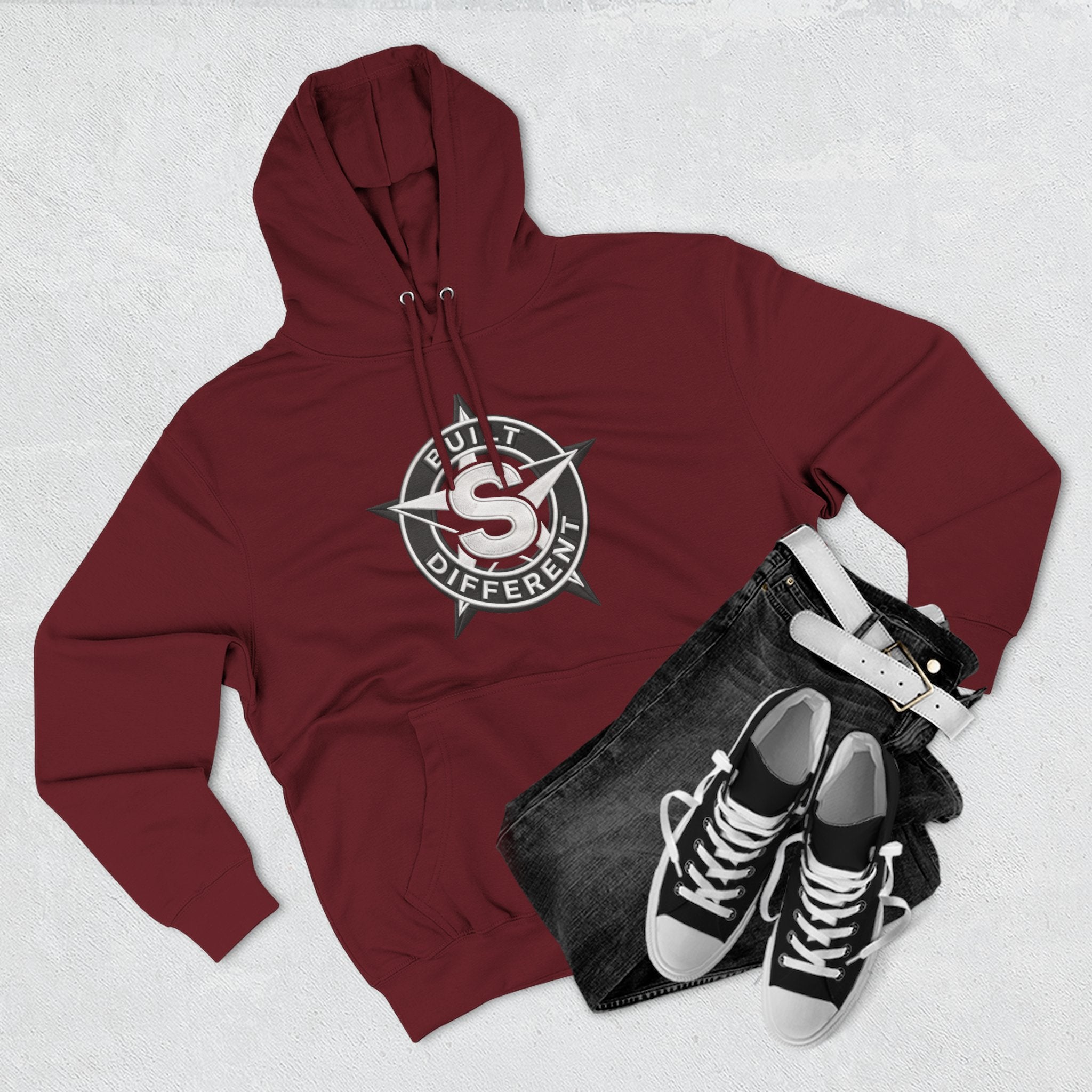 Built Different Logo Hoodie — Vintage Compass Emblem Fleece Hoodie