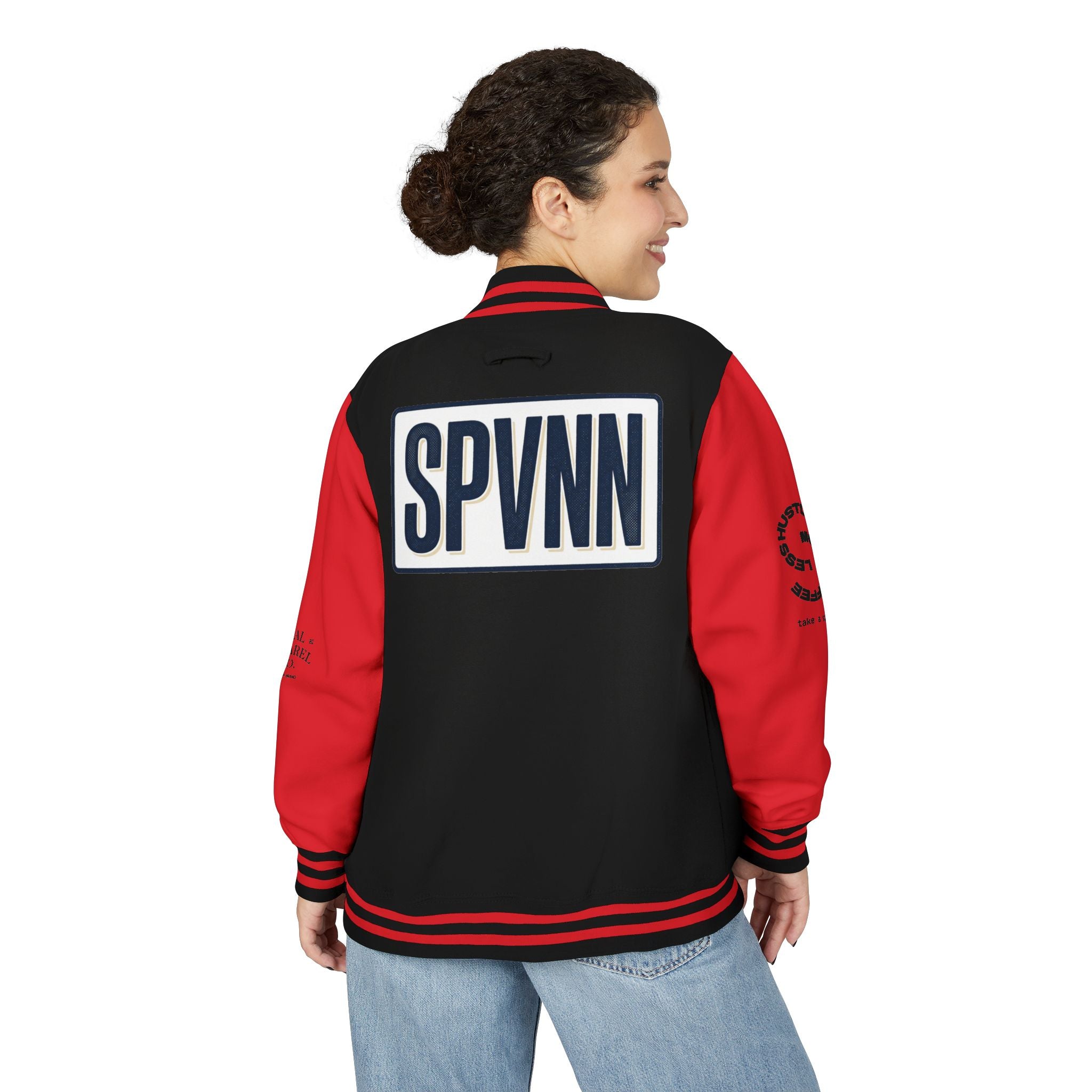 SPVNN Red & White Varsity Letterman Jacket – Embroidered Patch Logo