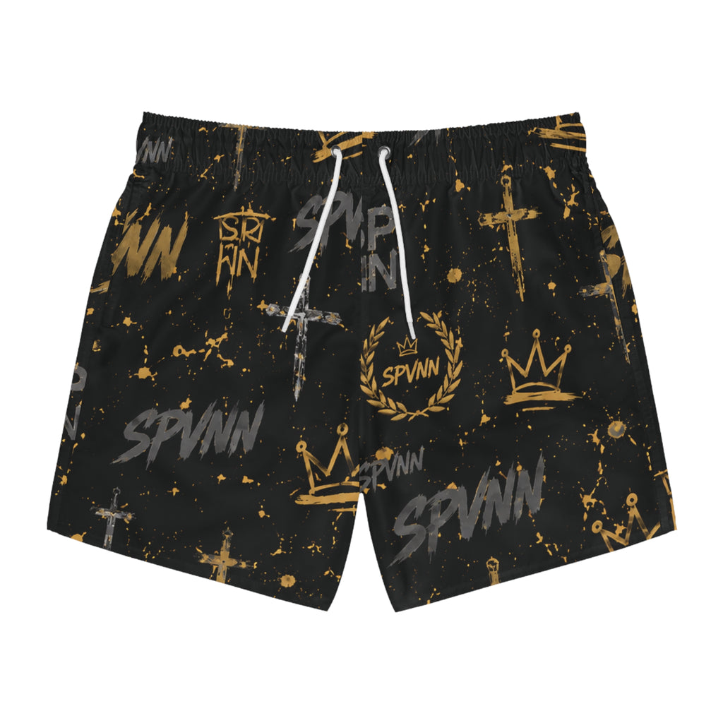 Graphic Swim Trunks — Black & Gold Crown, Sword & 'SPVNN' All-Over Print
