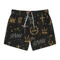Graphic Swim Trunks — Black & Gold Crown, Sword & 'SPVNN' All-Over Print