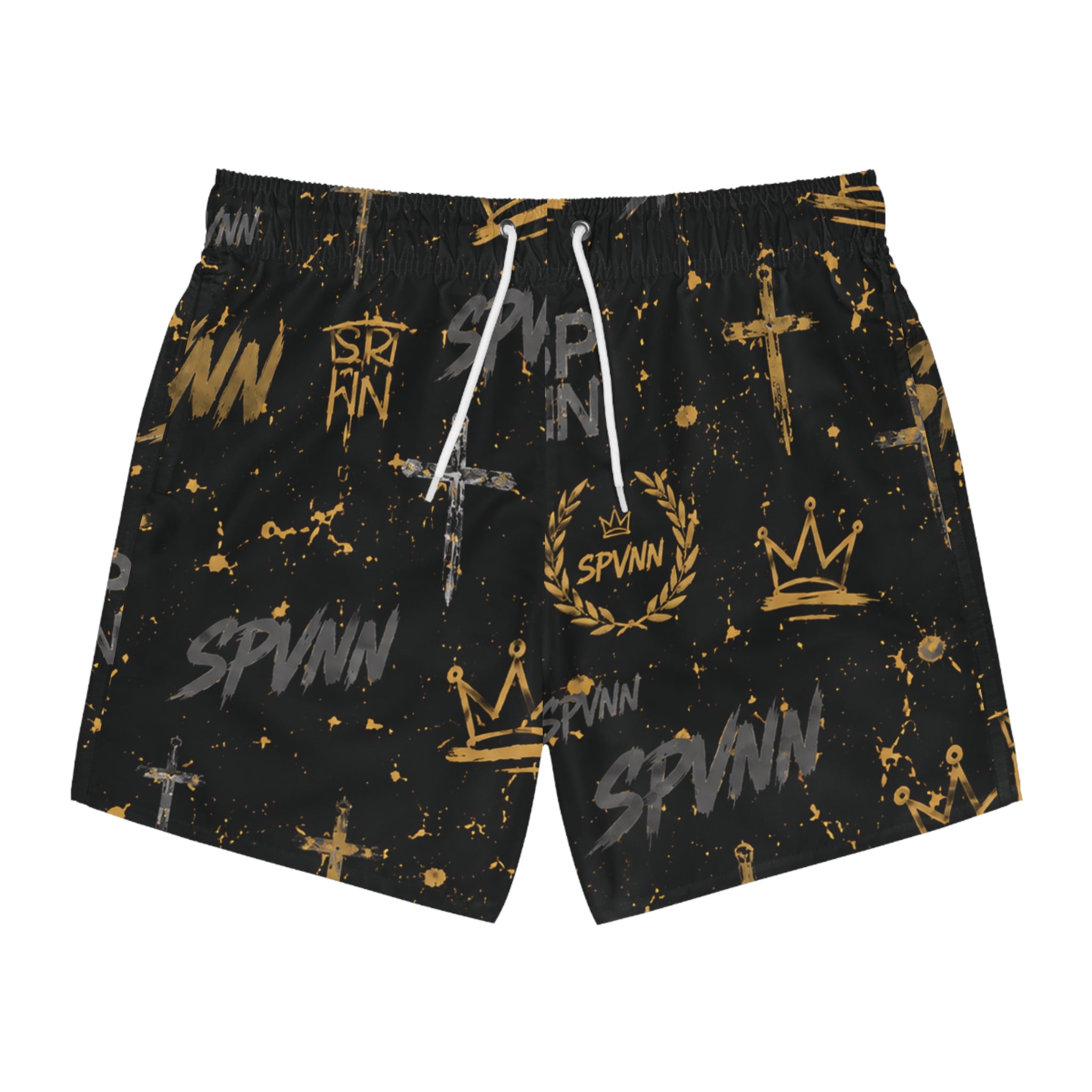 Graphic Swim Trunks — Black & Gold Crown, Sword & 'SPVNN' All-Over Print