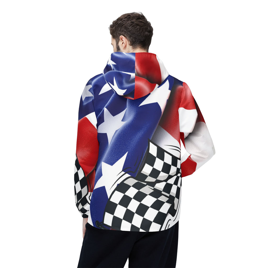 American Flag Checkered Windbreaker Jacket — Built Different Racing Hooded Shell