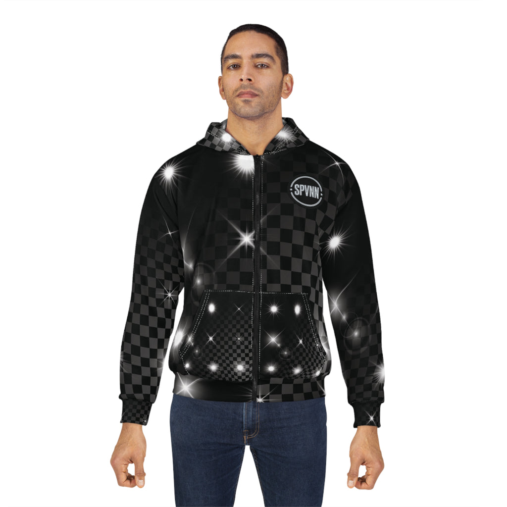 Black Checkerboard Sparkle Zip Hoodie — Shiny Starry AOP Jacket