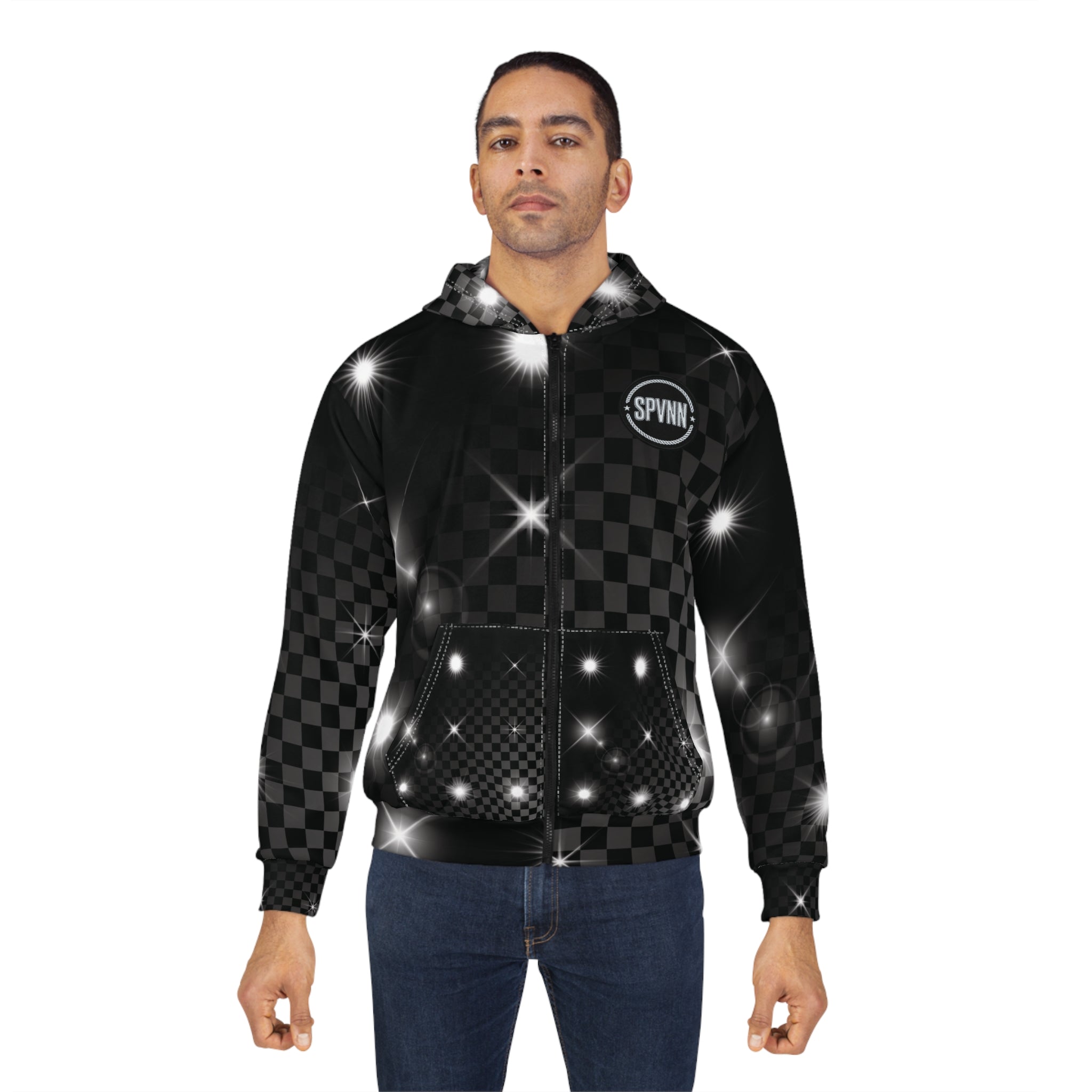 Black Checkerboard Sparkle Zip Hoodie — Shiny Starry AOP Jacket