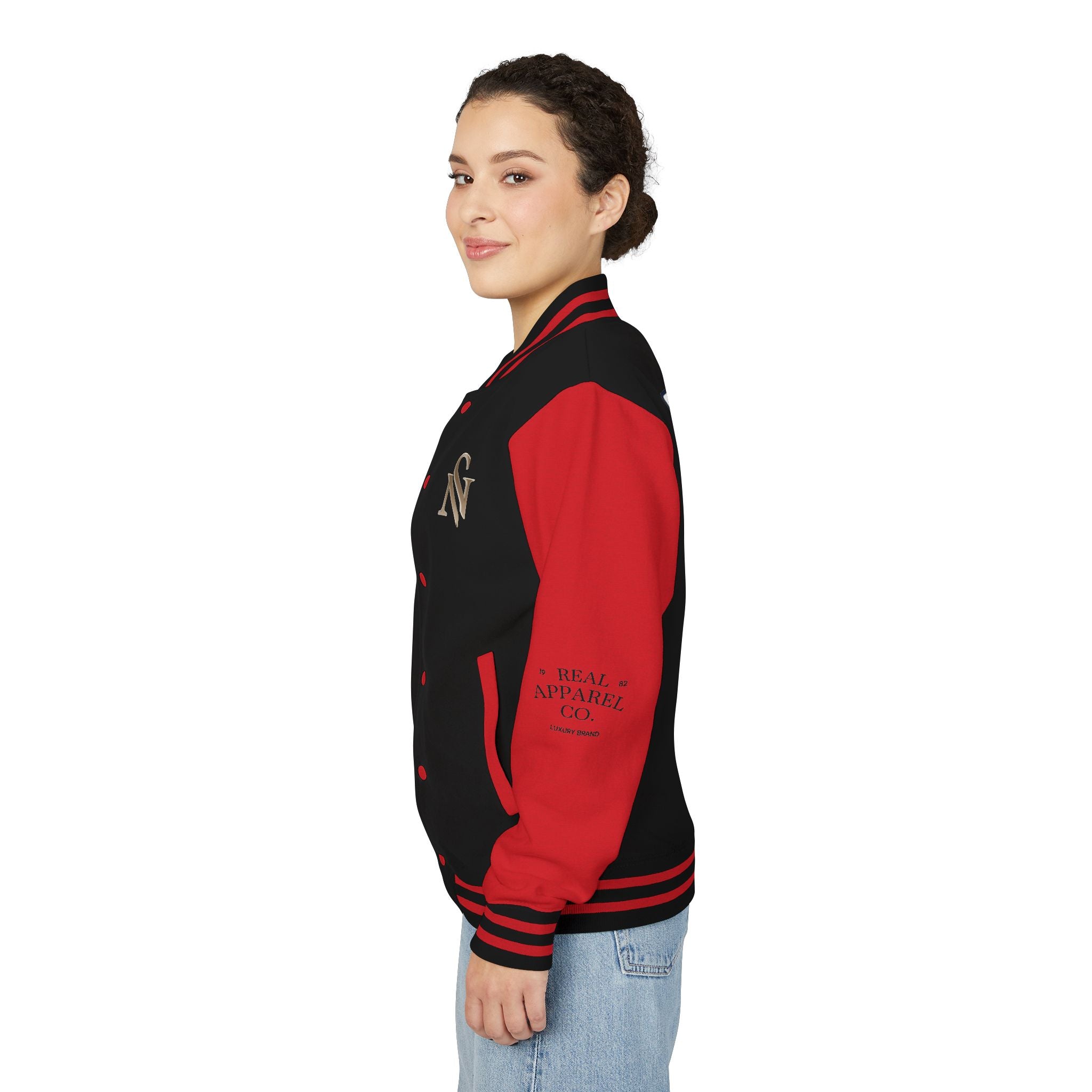 SPVNN Red & White Varsity Letterman Jacket – Embroidered Patch Logo