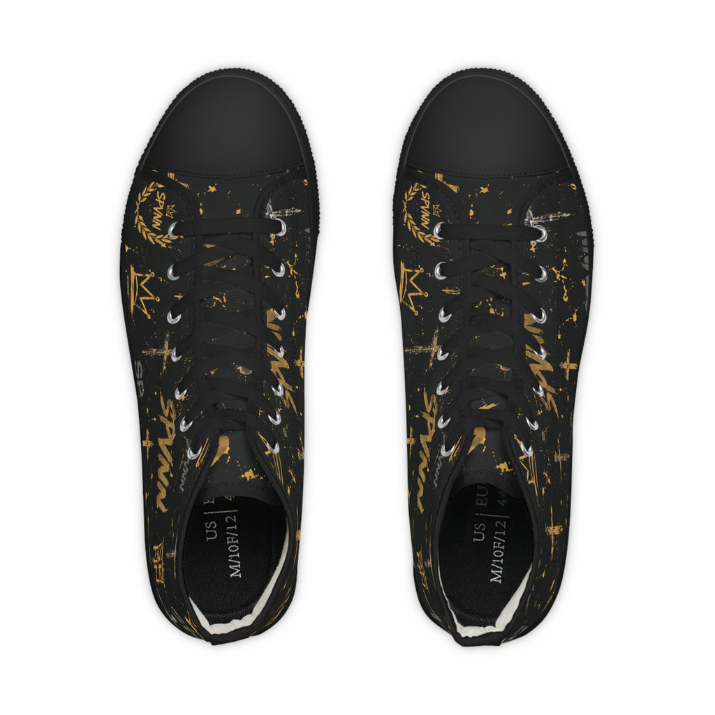 High Top Sneakers — Black & Gold Crown Pattern