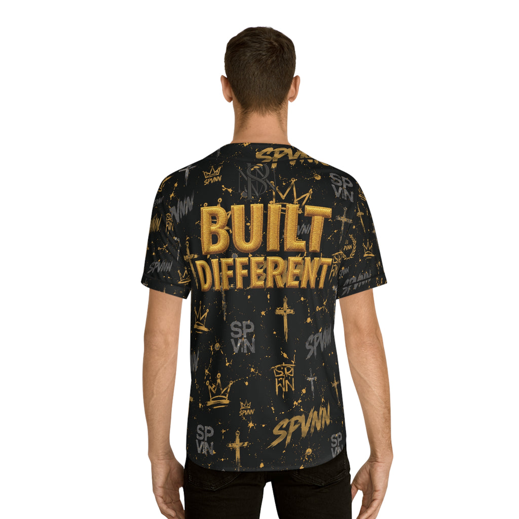 Built Different Baseball Jersey — Black & Gold All-Over Print