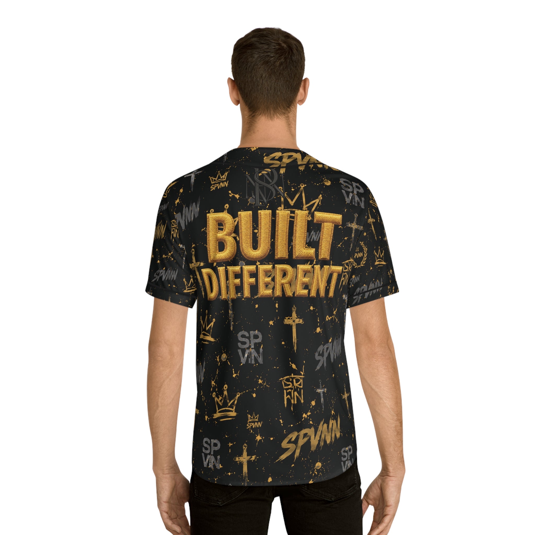 Built Different Baseball Jersey — Black & Gold All-Over Print