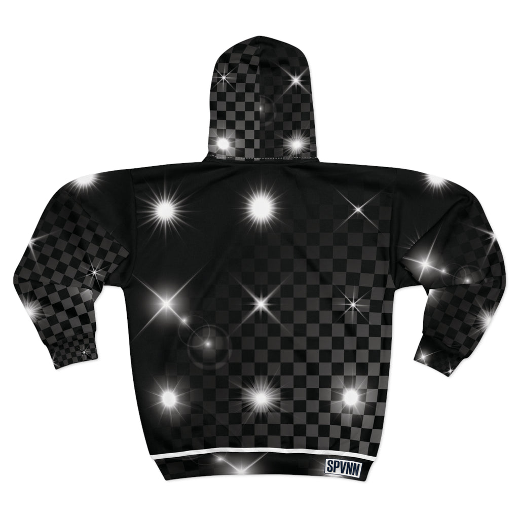 Black Checkerboard Sparkle Zip Hoodie — Shiny Starry AOP Jacket