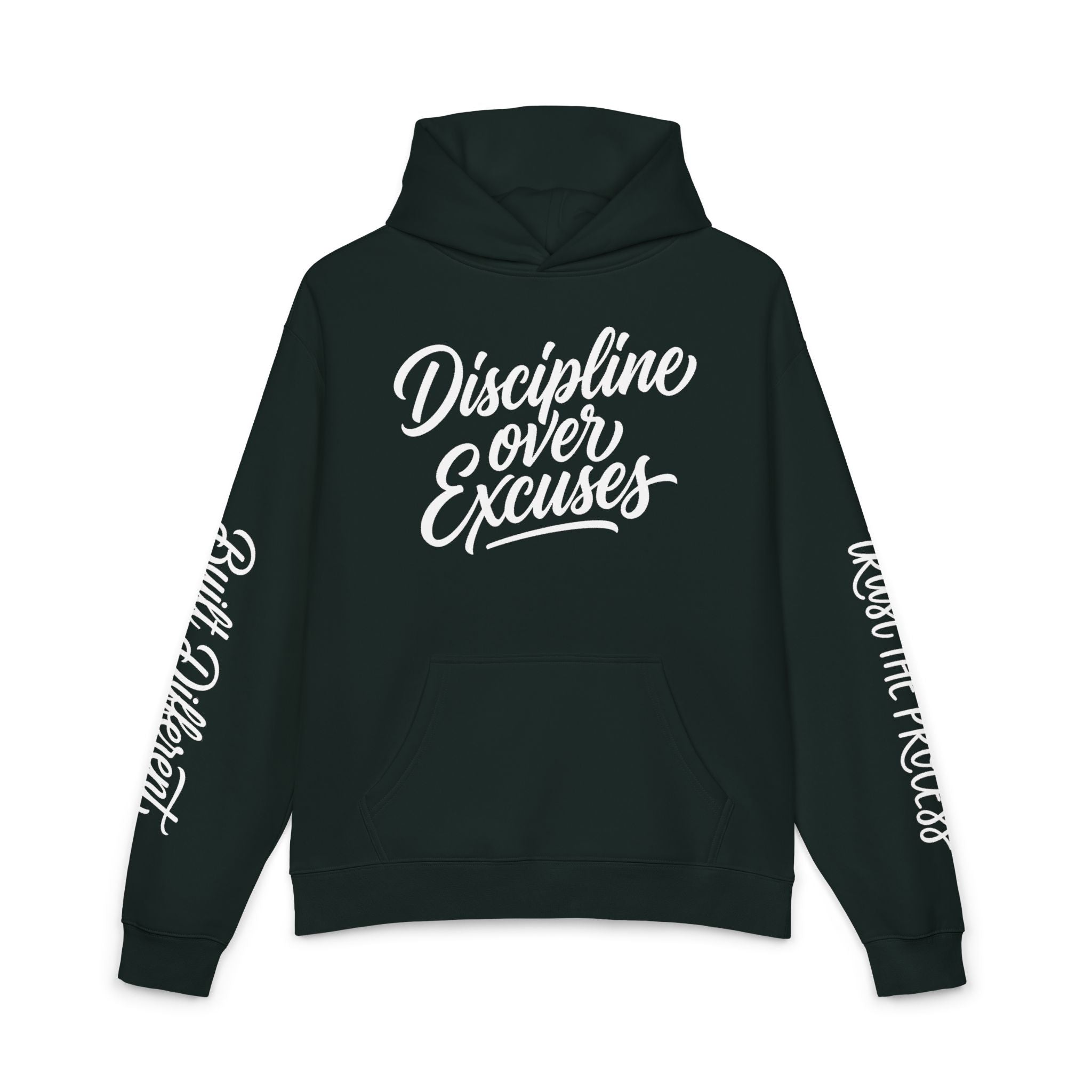 Discipline Over Excuses Hoodie — Motivational Gym Hoodie with Sleeve Script