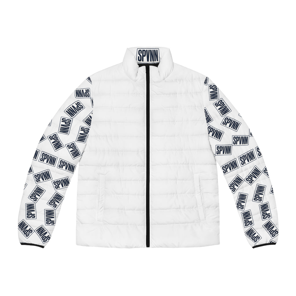 Men's Puffer Jacket — White Logo Print Sleeves (SPVNN)