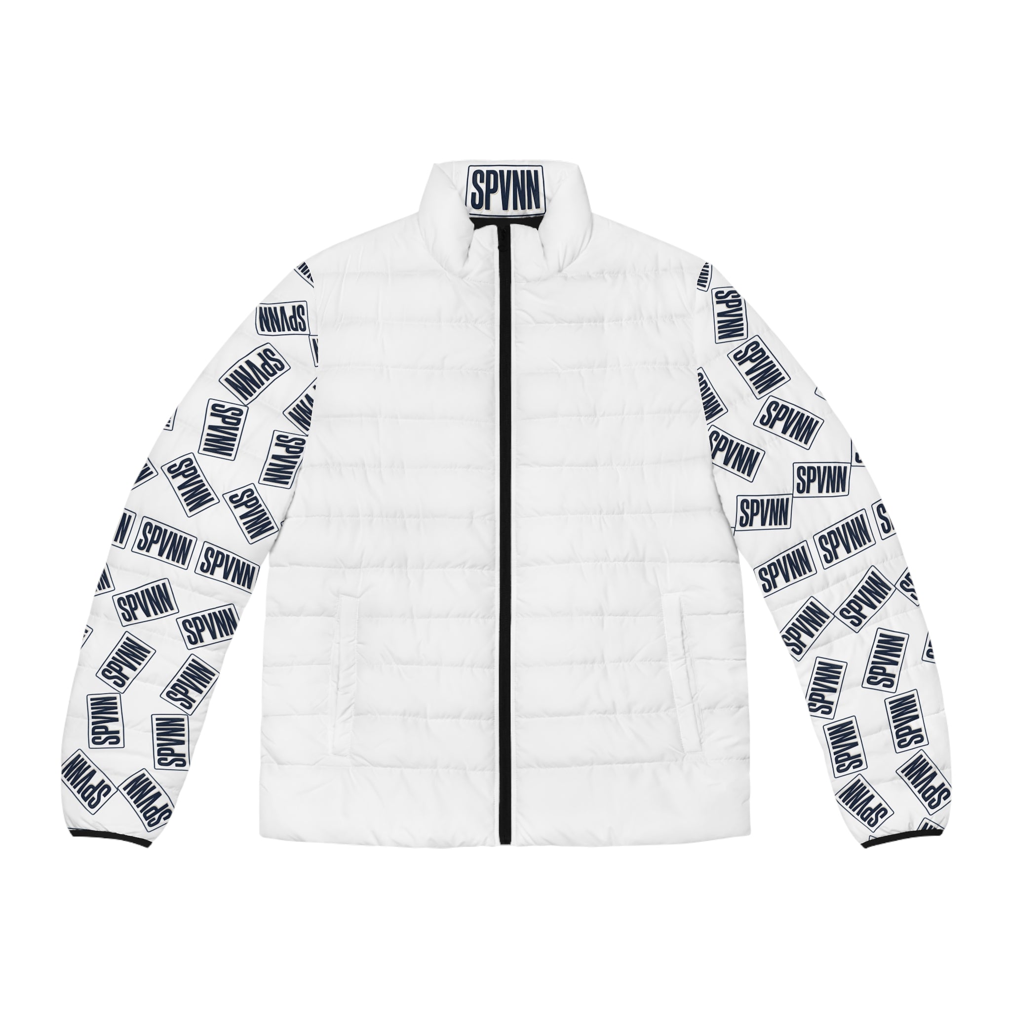 Men's Puffer Jacket — White Logo Print Sleeves (SPVNN)