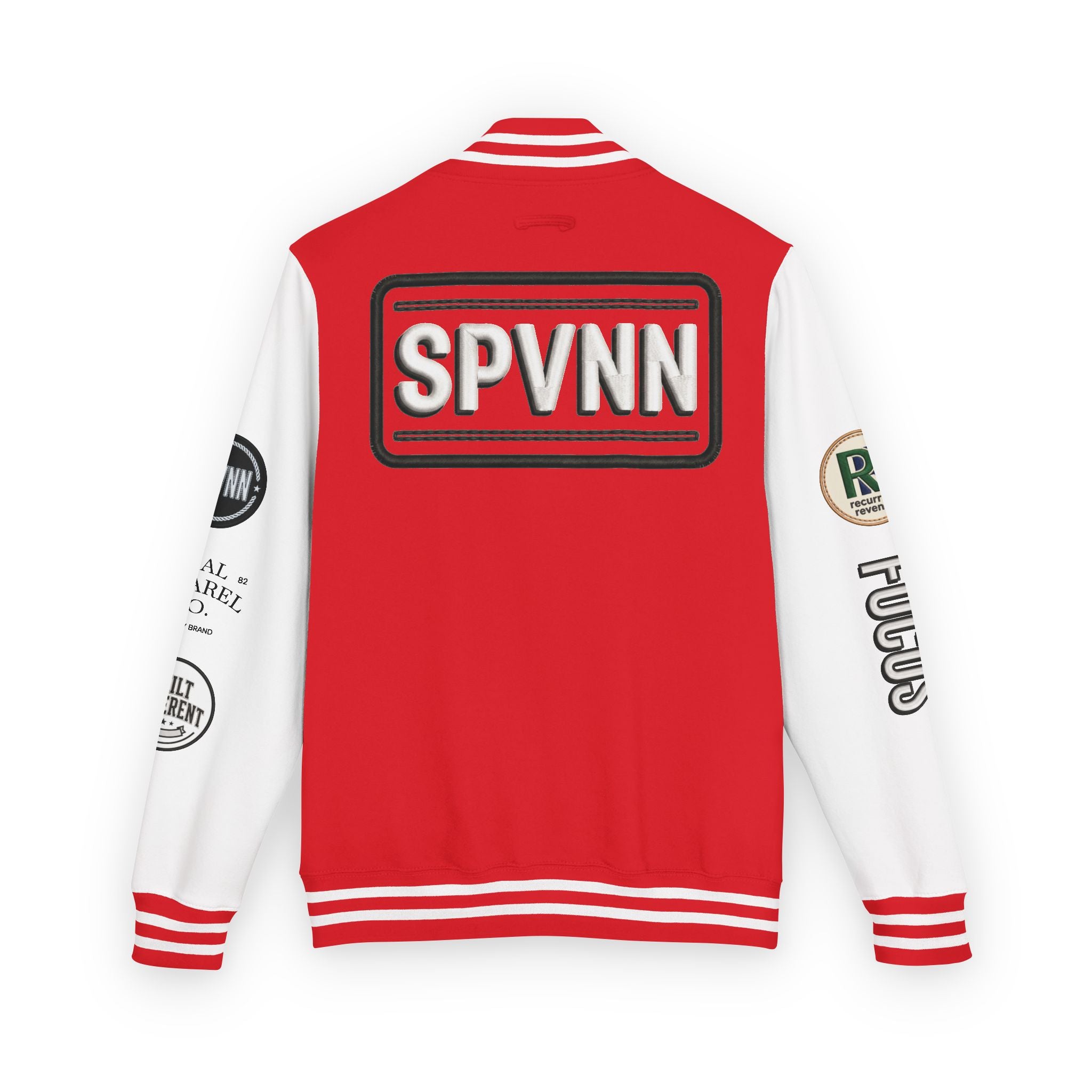 SPVNN Red & White Varsity Letterman Jacket – Embroidered Patch Logo