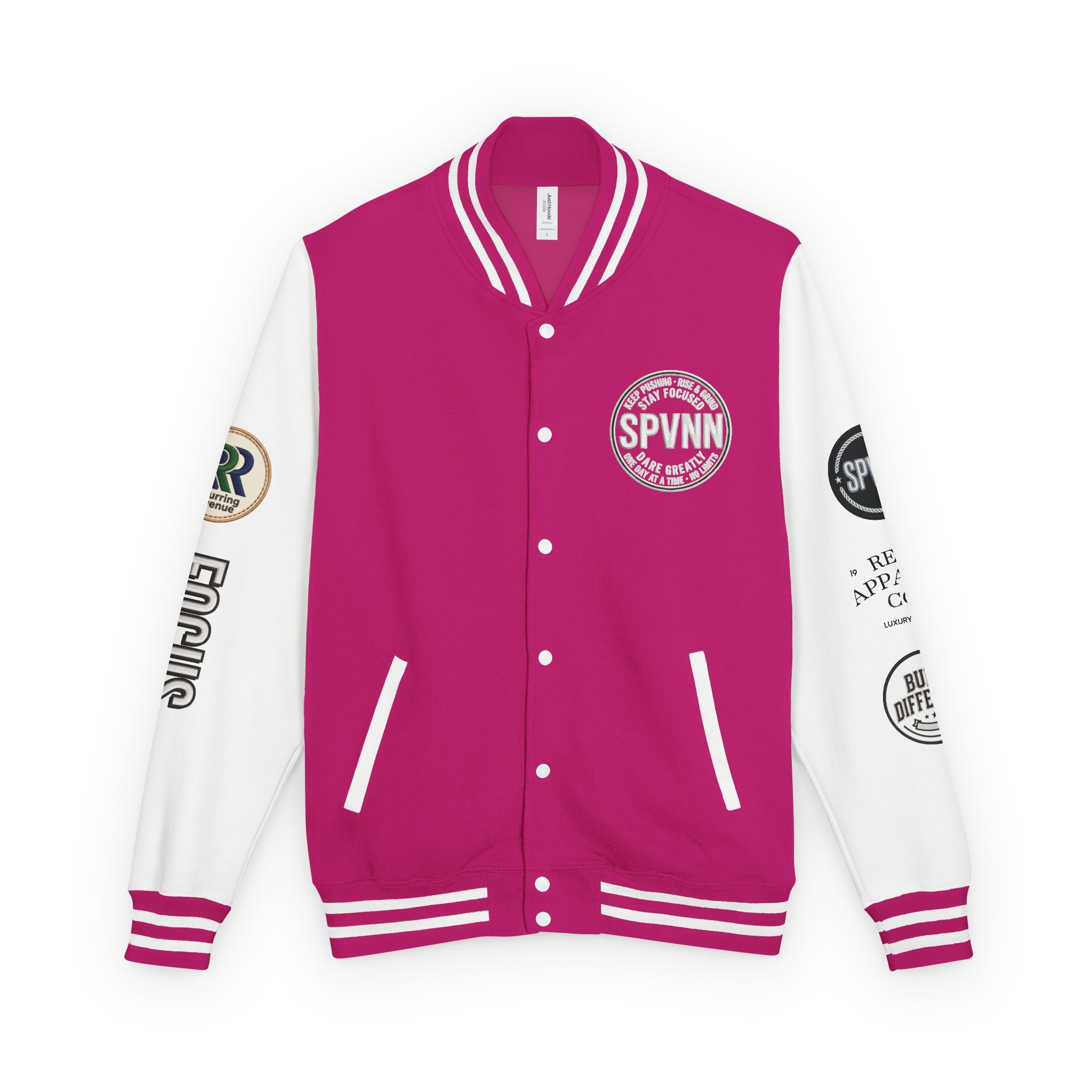 SPVNN Red & White Varsity Letterman Jacket – Embroidered Patch Logo