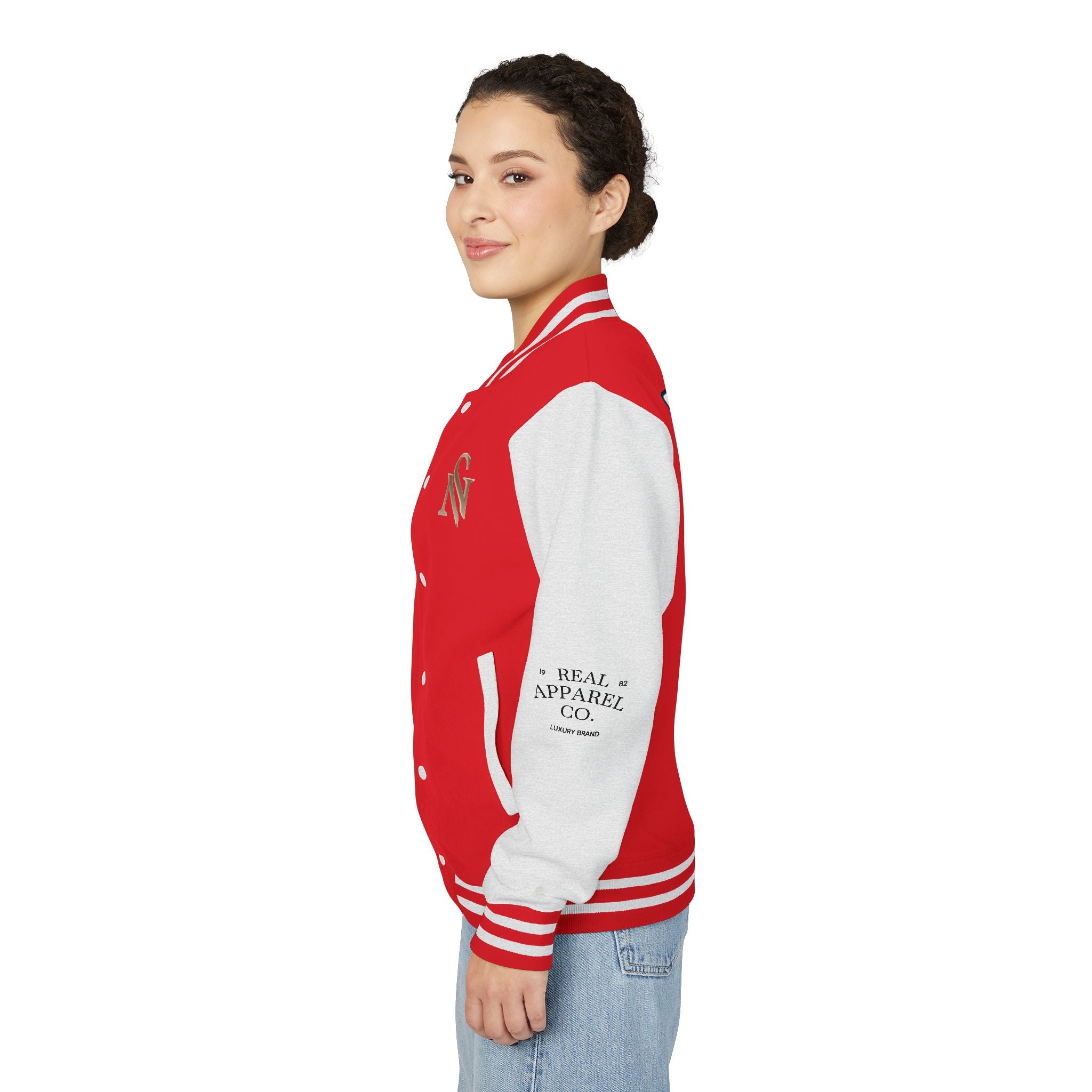 SPVNN Red & White Varsity Letterman Jacket – Embroidered Patch Logo