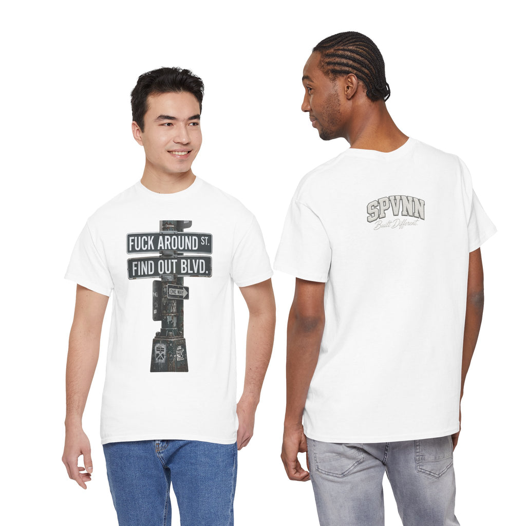 "Fuck Around St, Find Out Blvd" Graphic Tee — Street Sign Urban Humor T‑Shirt