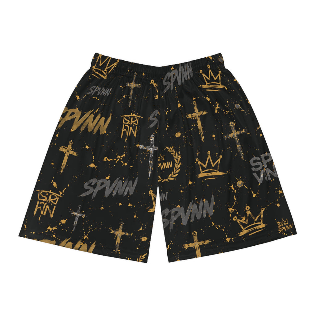 Spvnn Crown & Cross All-Over Print Basketball Shorts — Black/Gold Streetwear