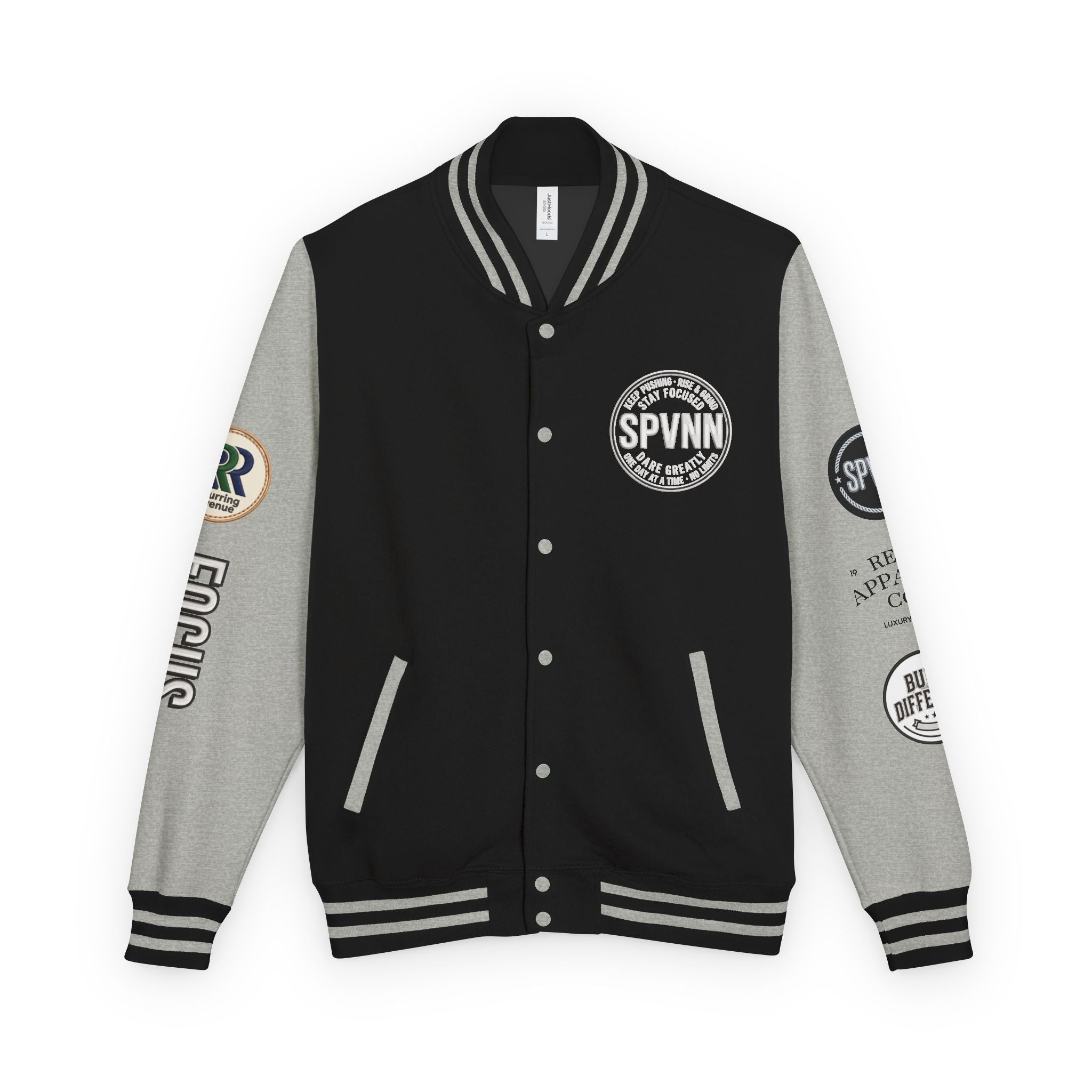 SPVNN Red & White Varsity Letterman Jacket – Embroidered Patch Logo