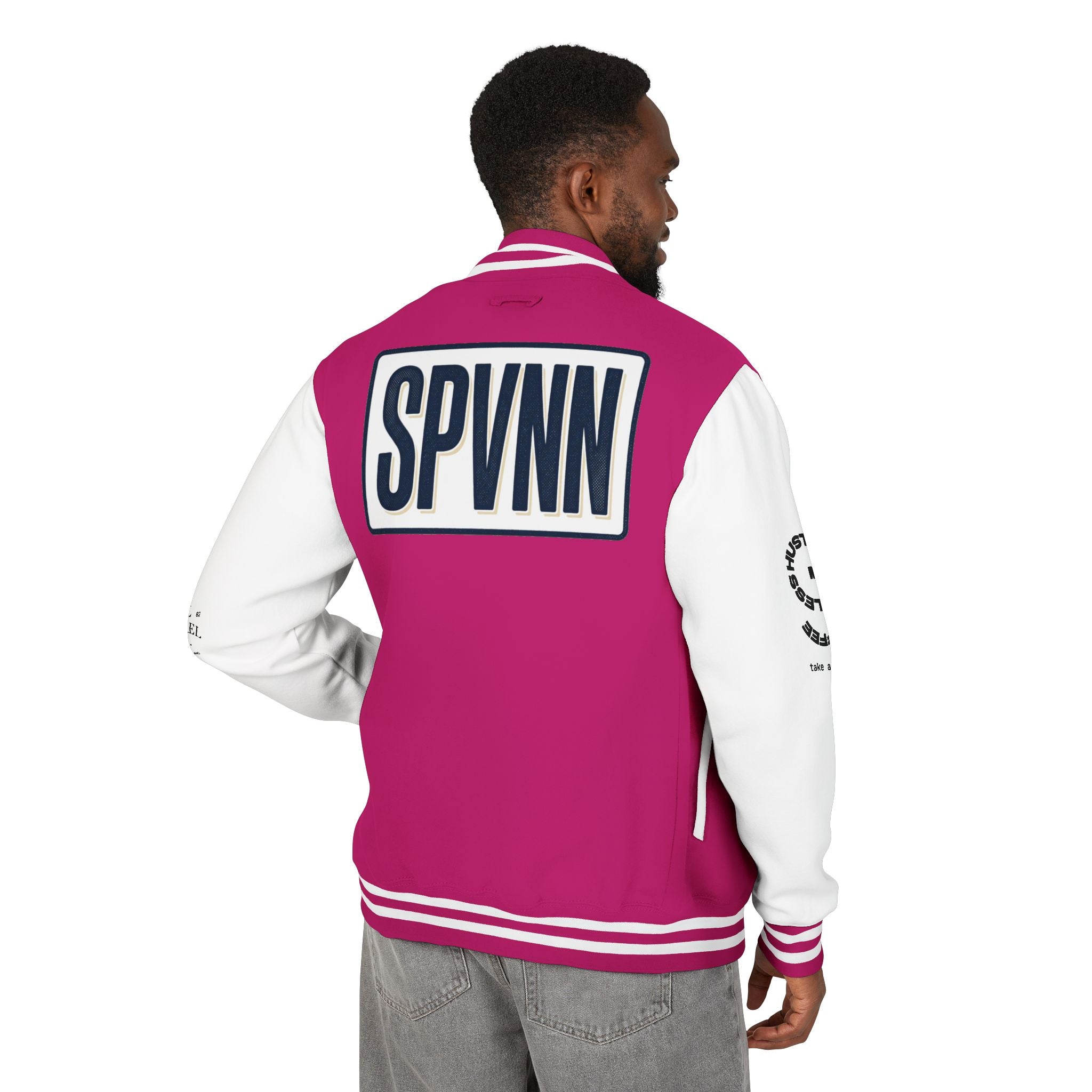 SPVNN Red & White Varsity Letterman Jacket – Embroidered Patch Logo