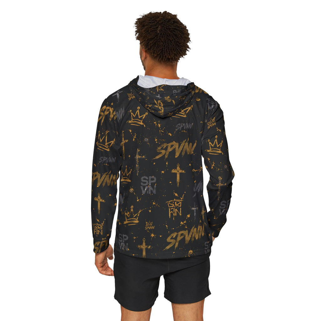 Men's All-Over Print Streetwear Hoodie — Gold Crown & Cross Graffiti Design (SPVNN)