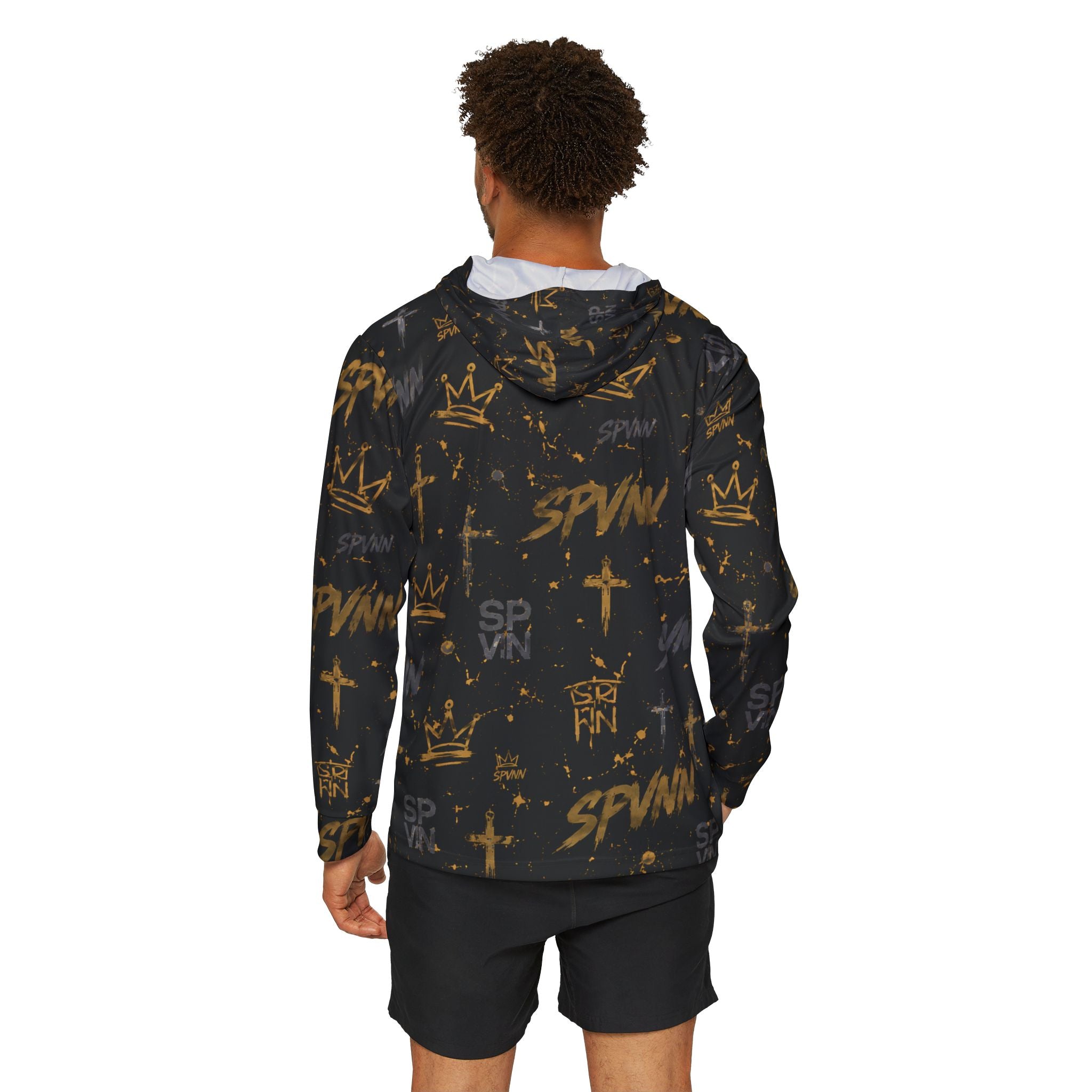 Men's All-Over Print Streetwear Hoodie — Gold Crown & Cross Graffiti Design (SPVNN)