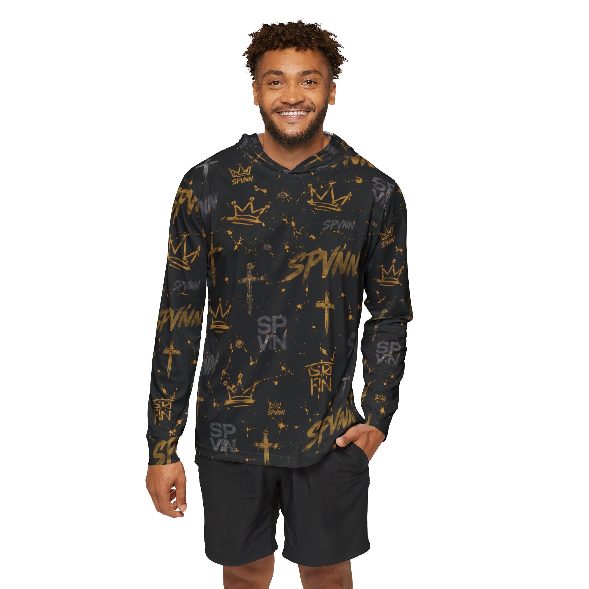 Men's All-Over Print Streetwear Hoodie — Gold Crown & Cross Graffiti Design (SPVNN)