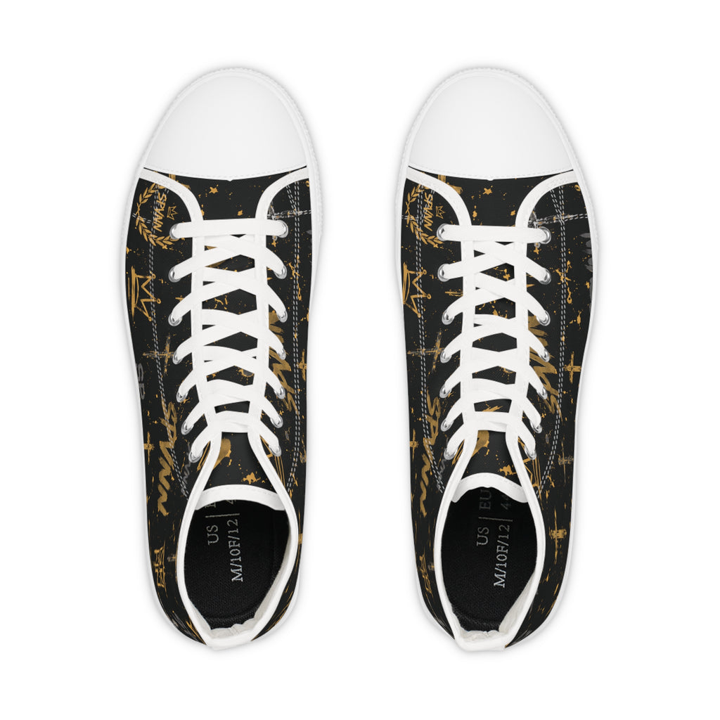 High Top Sneakers — Black & Gold Crown Pattern