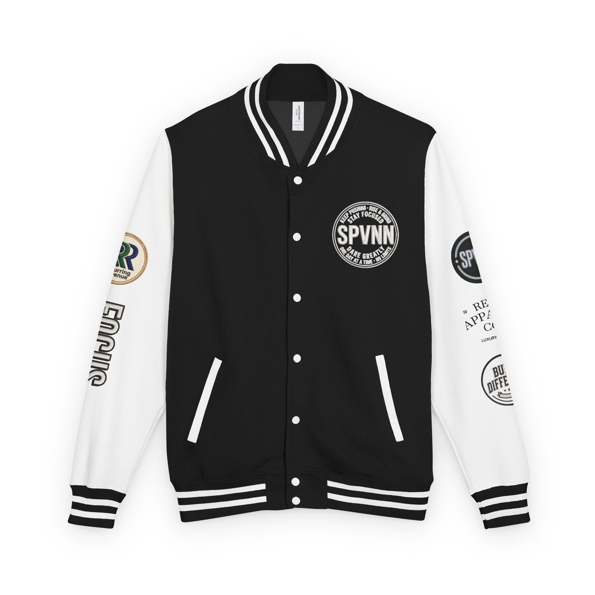 SPVNN Red & White Varsity Letterman Jacket – Embroidered Patch Logo