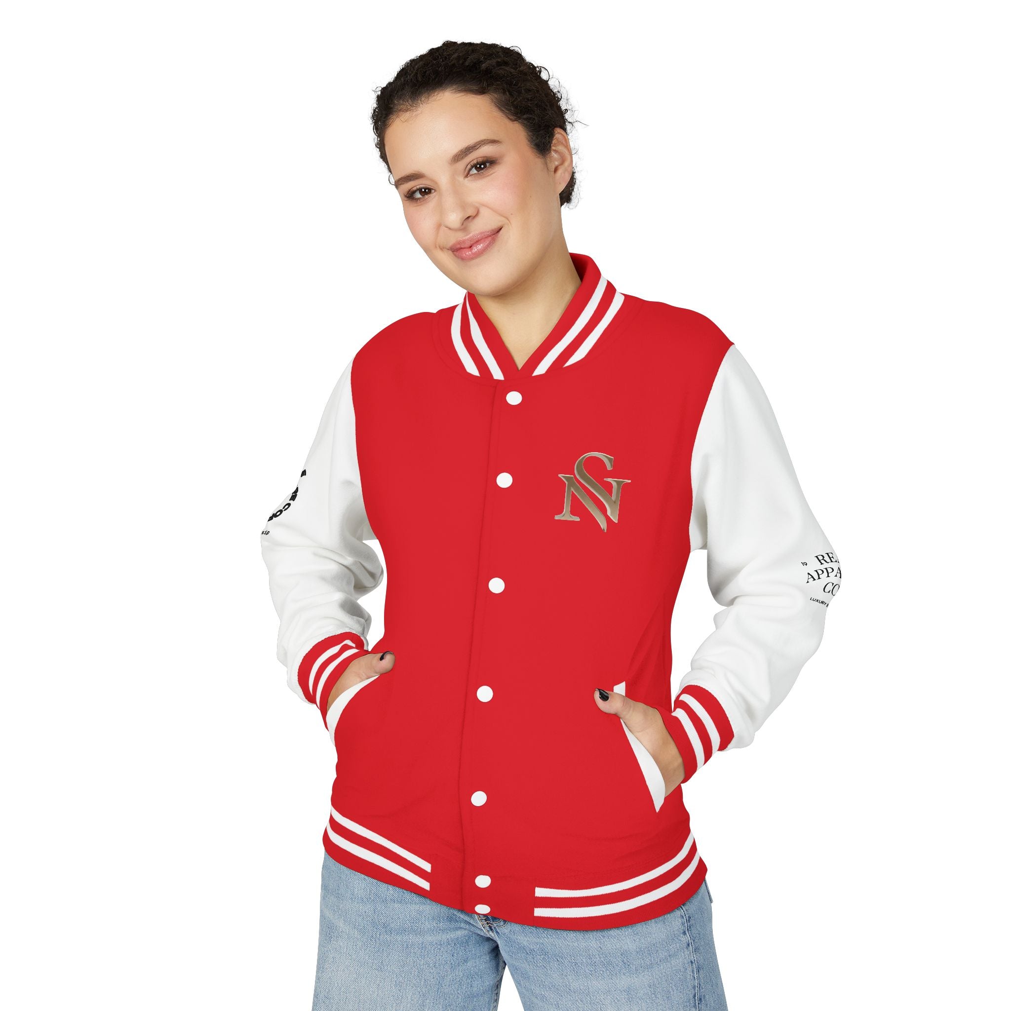SPVNN Red & White Varsity Letterman Jacket – Embroidered Patch Logo