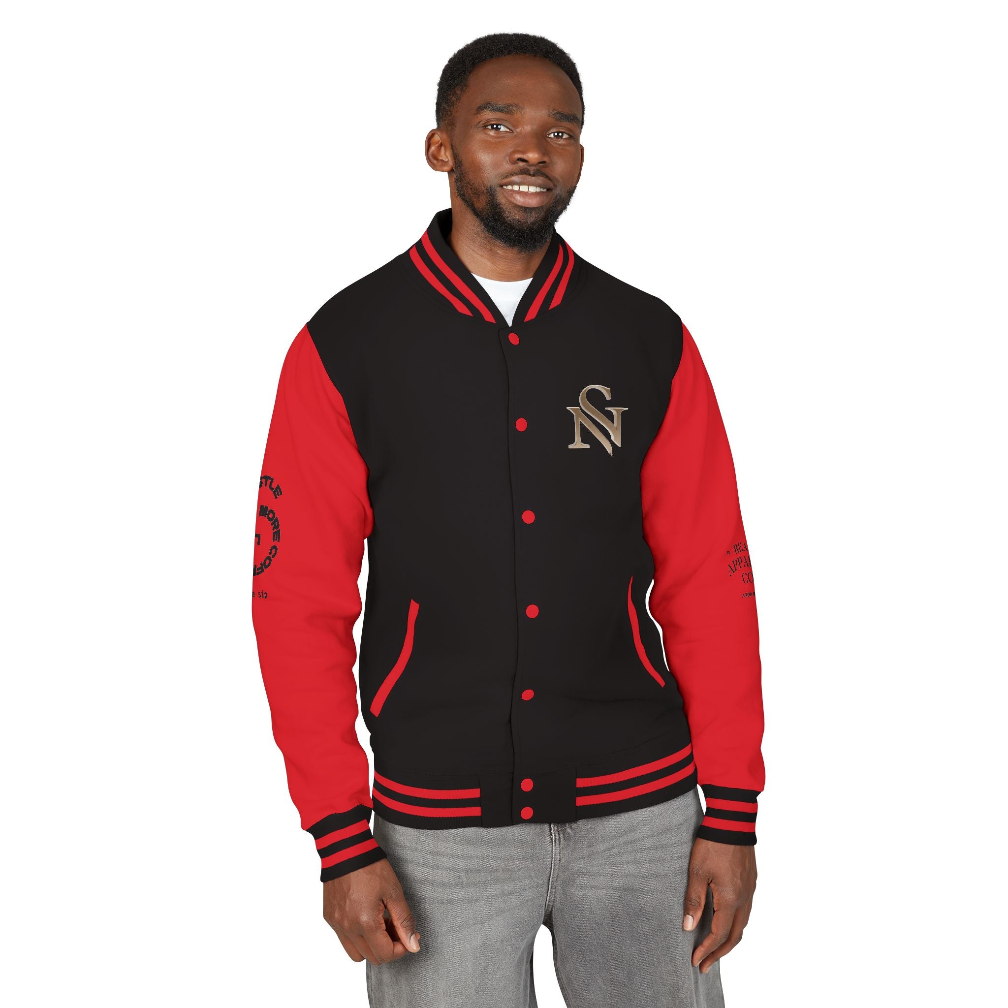 SPVNN Red & White Varsity Letterman Jacket – Embroidered Patch Logo