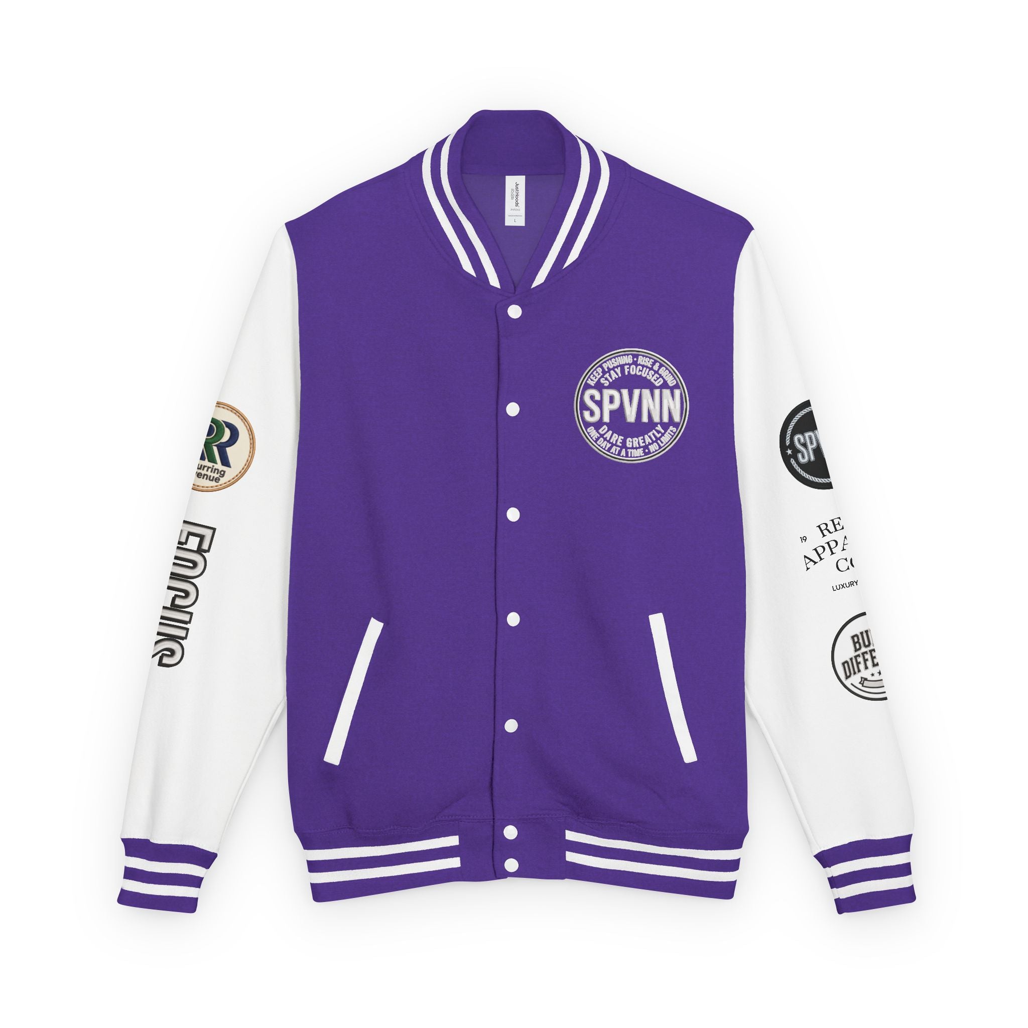 SPVNN Red & White Varsity Letterman Jacket – Embroidered Patch Logo