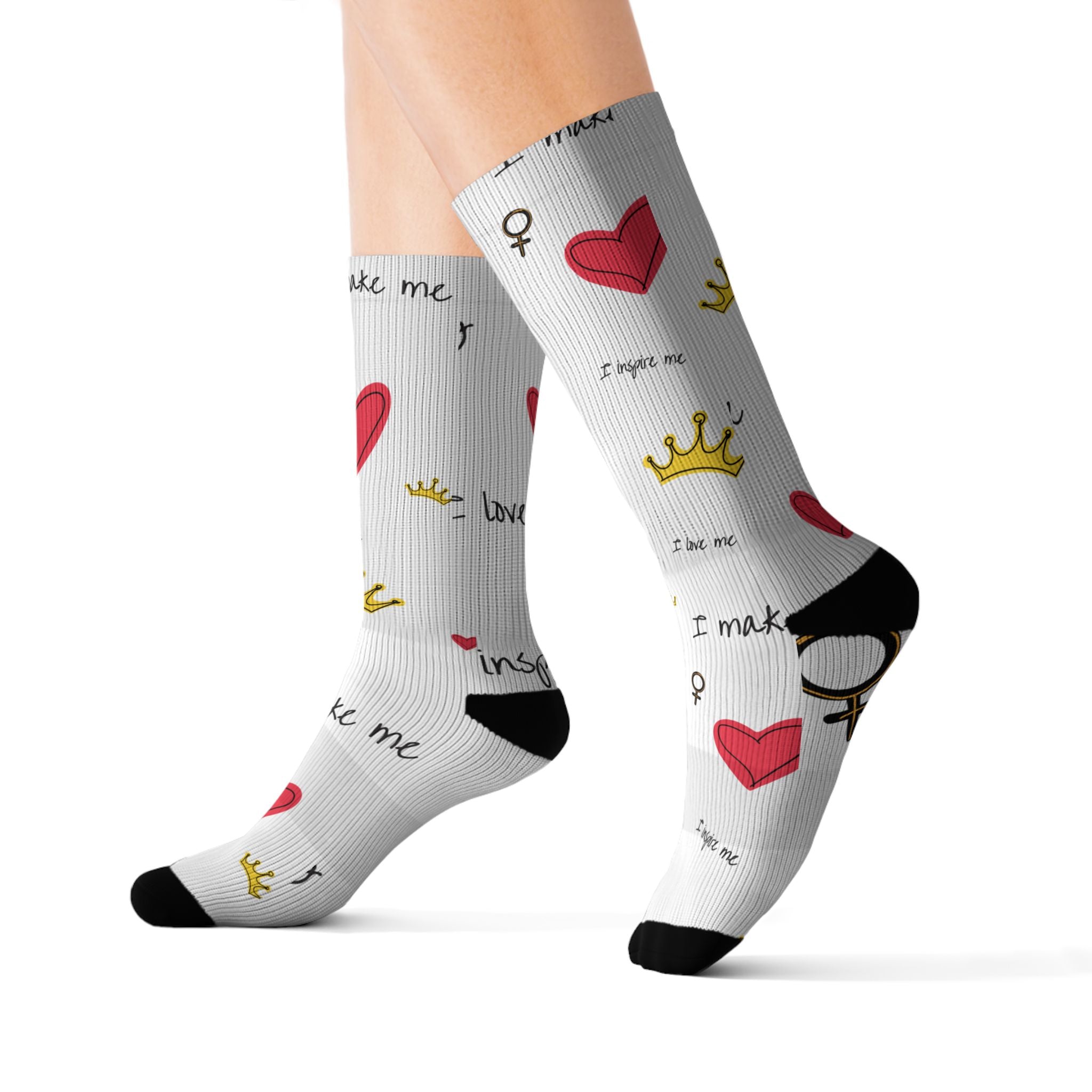 SPVNN Women's Crown & Heart Sublimation Socks — 'You Inspire Me' Pattern