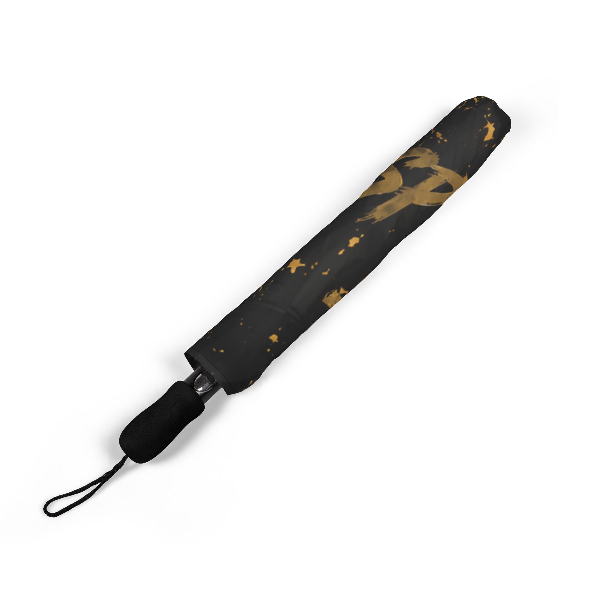 Compact Foldable Umbrella — Black & Gold Graffiti Print, Semi-Automatic Rain Shield