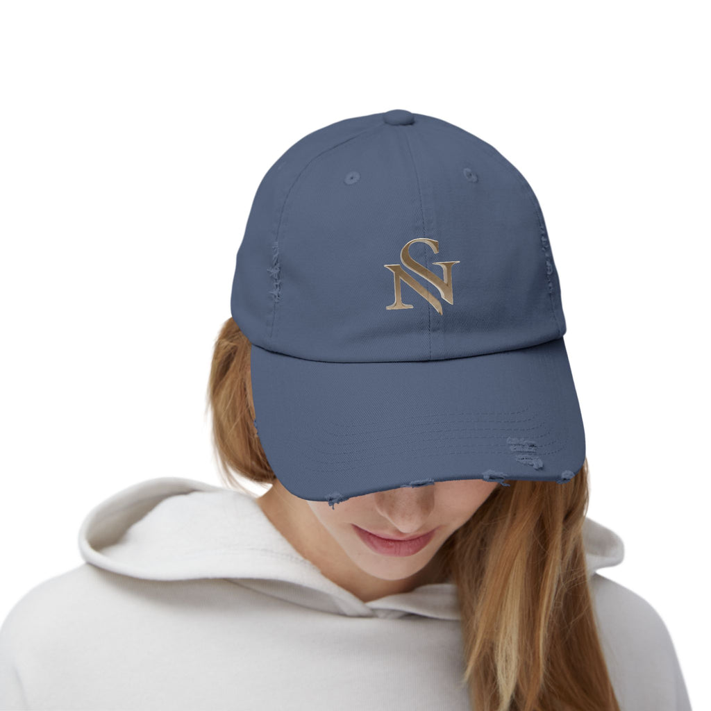 Distressed Black Baseball Cap with Gold 'SN' Monogram — Vintage Casual Hat