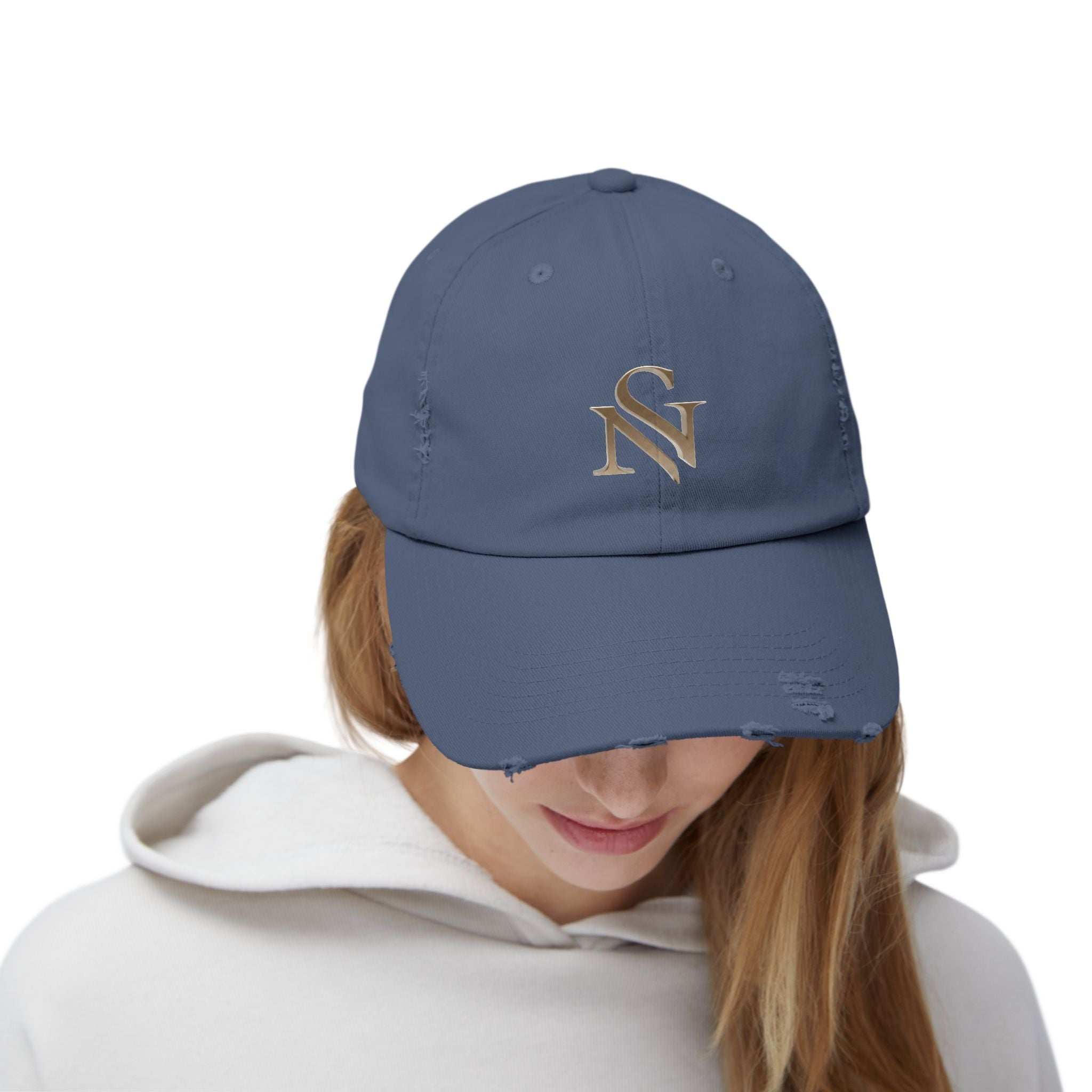 Distressed Black Baseball Cap with Gold 'SN' Monogram — Vintage Casual Hat