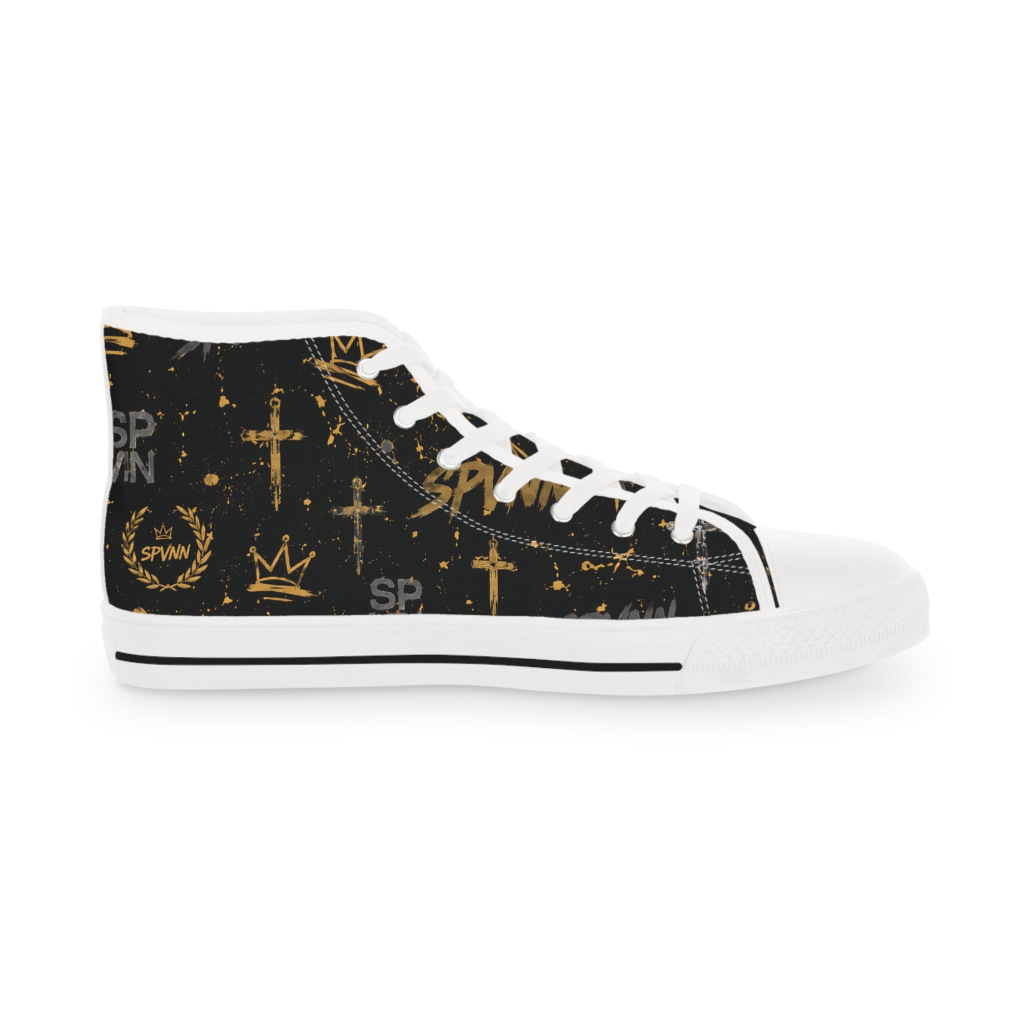 High Top Sneakers — Black & Gold Crown Pattern