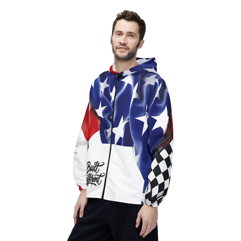 American Flag Checkered Windbreaker Jacket — Built Different Racing Hooded Shell
